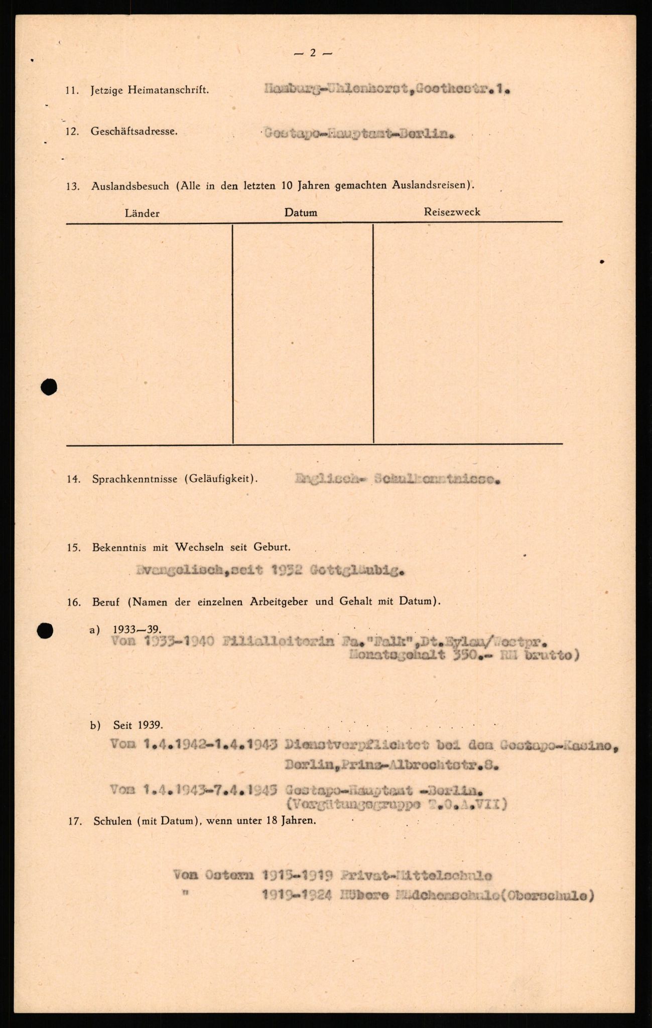 Forsvaret, Forsvarets overkommando II, RA/RAFA-3915/D/Db/L0023: CI Questionaires. Tyske okkupasjonsstyrker i Norge. Tyskere., 1945-1946, p. 431