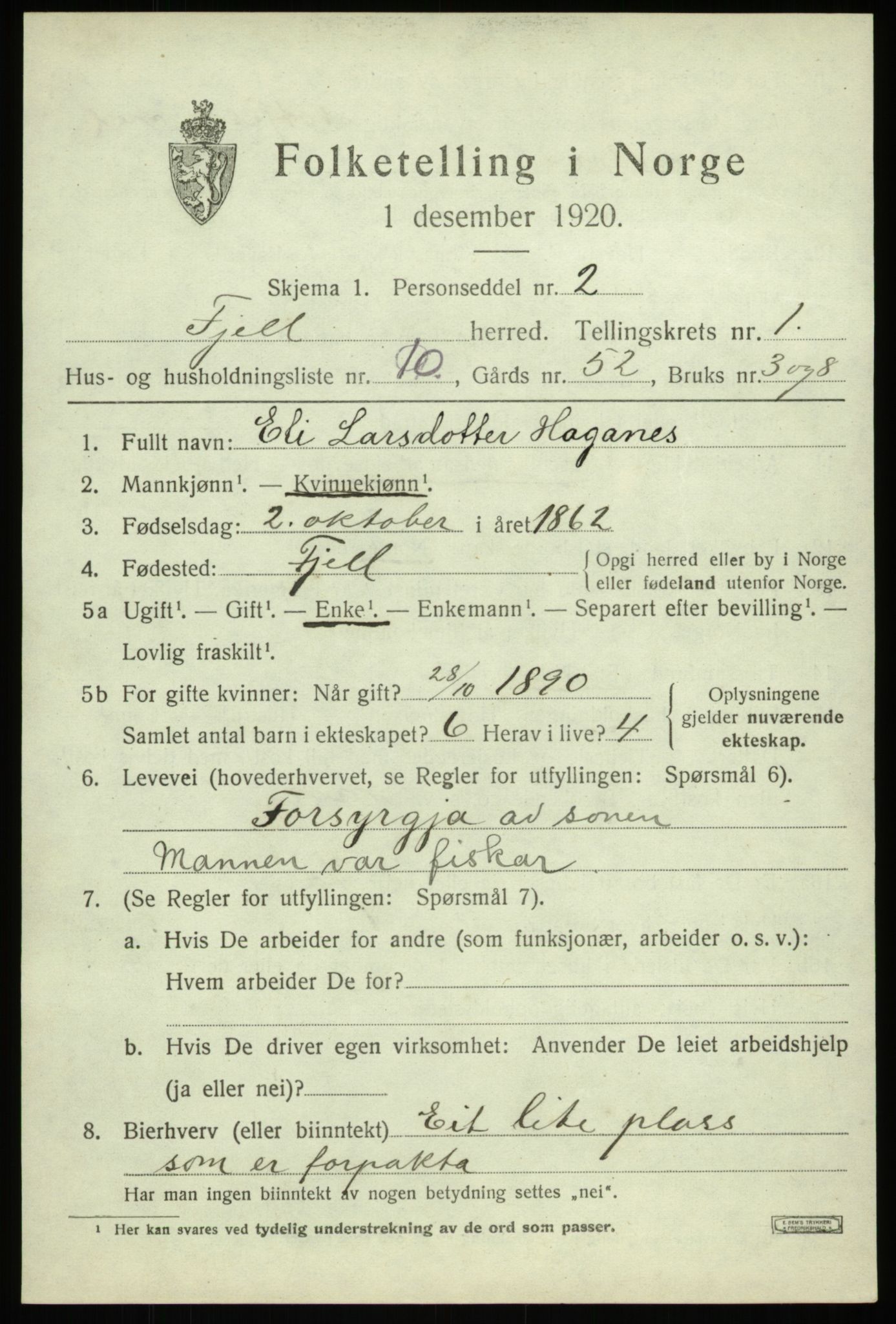 SAB, 1920 census for Fjell, 1920, p. 1582