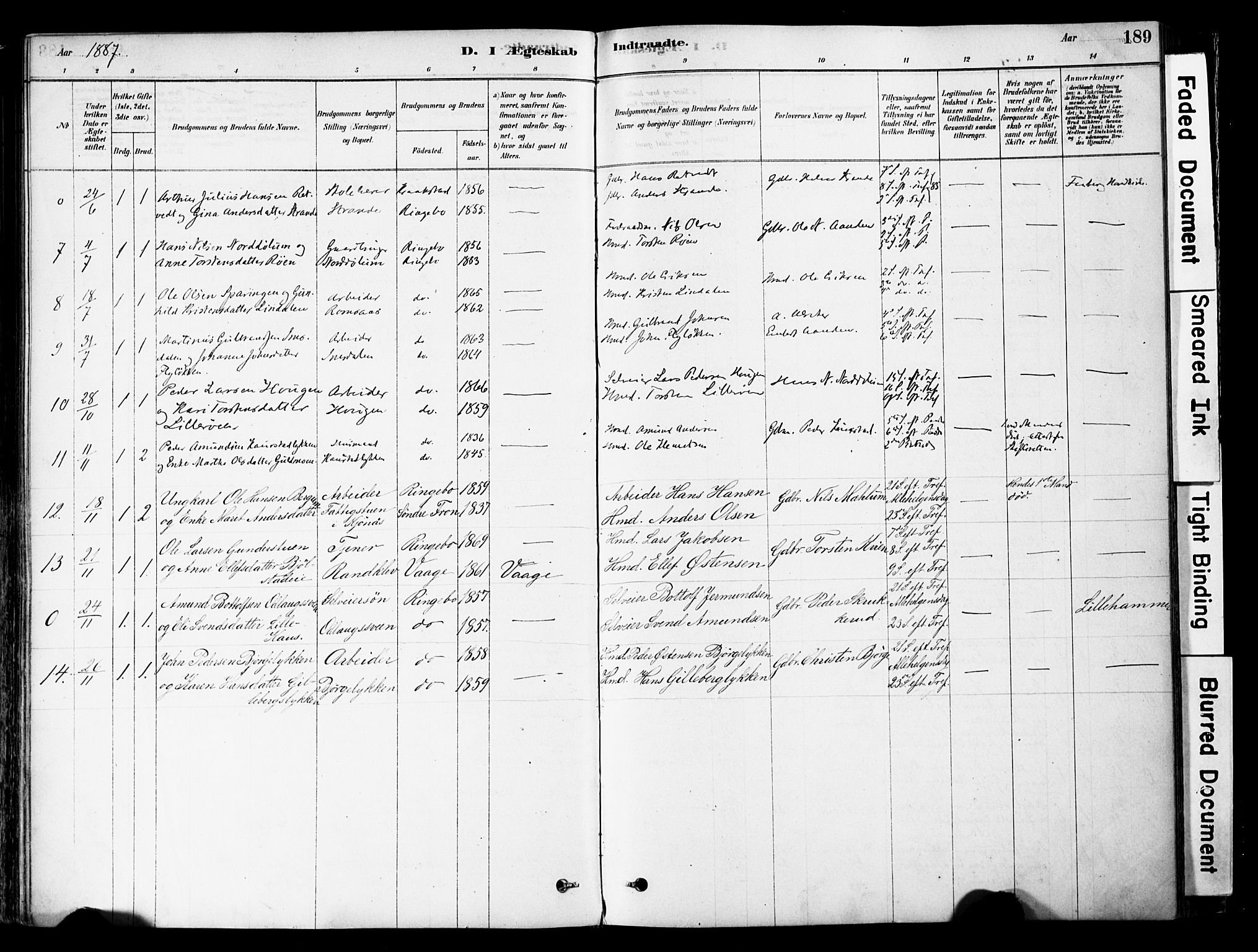 Ringebu prestekontor, AV/SAH-PREST-082/H/Ha/Haa/L0008: Parish register (official) no. 8, 1878-1898, p. 189