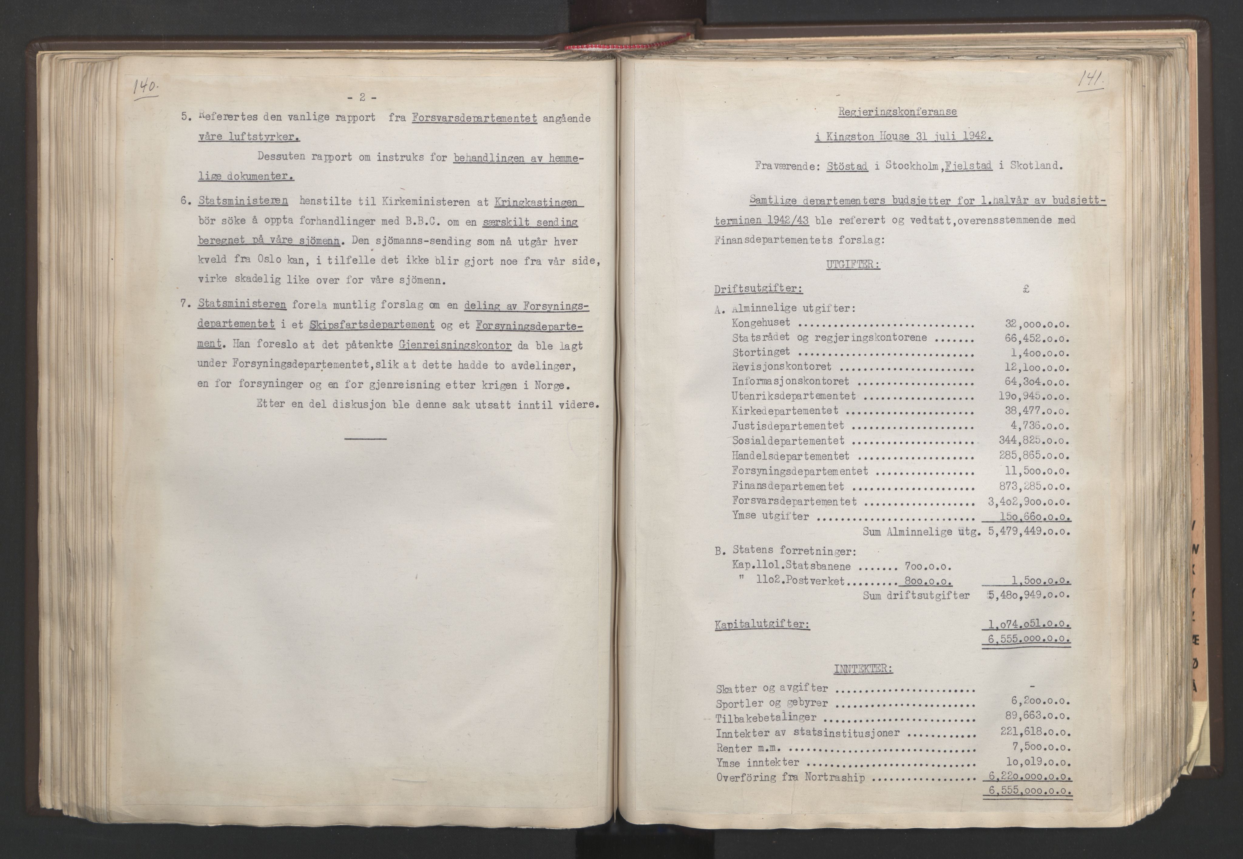 Statsministerens kontor, AV/RA-S-1005/A/Aa/L0002: Referat fra regjeringskonferanser, 1942-1943, p. 140-141