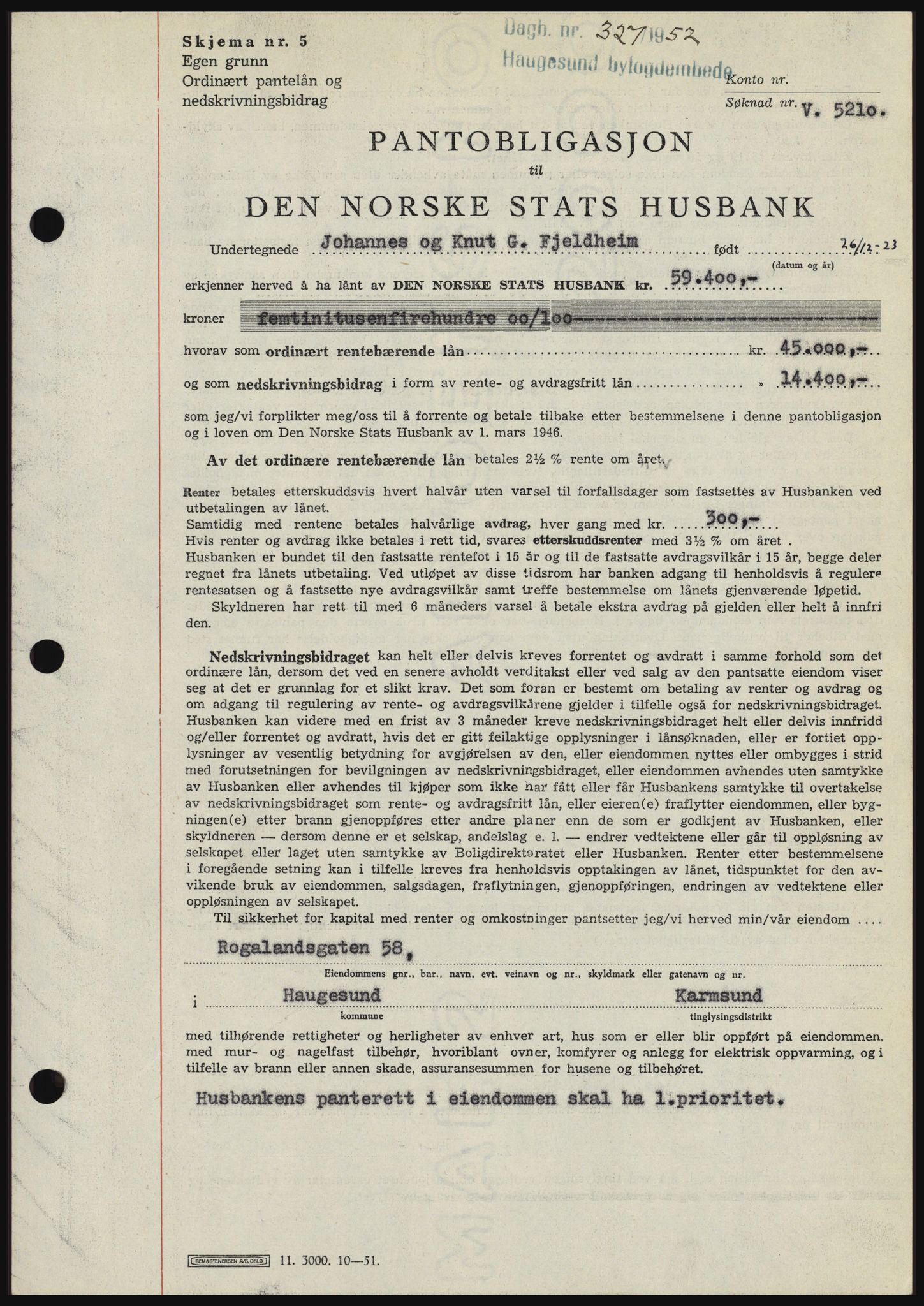 Haugesund tingrett, AV/SAST-A-101415/01/II/IIC/L0038: Mortgage book no. B 38, 1950-1951, Diary no: : 327/1952