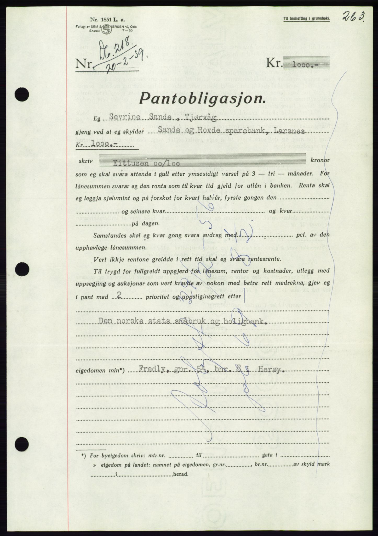 Søre Sunnmøre sorenskriveri, AV/SAT-A-4122/1/2/2C/L0067: Mortgage book no. 61, 1938-1939, Diary no: : 218/1939