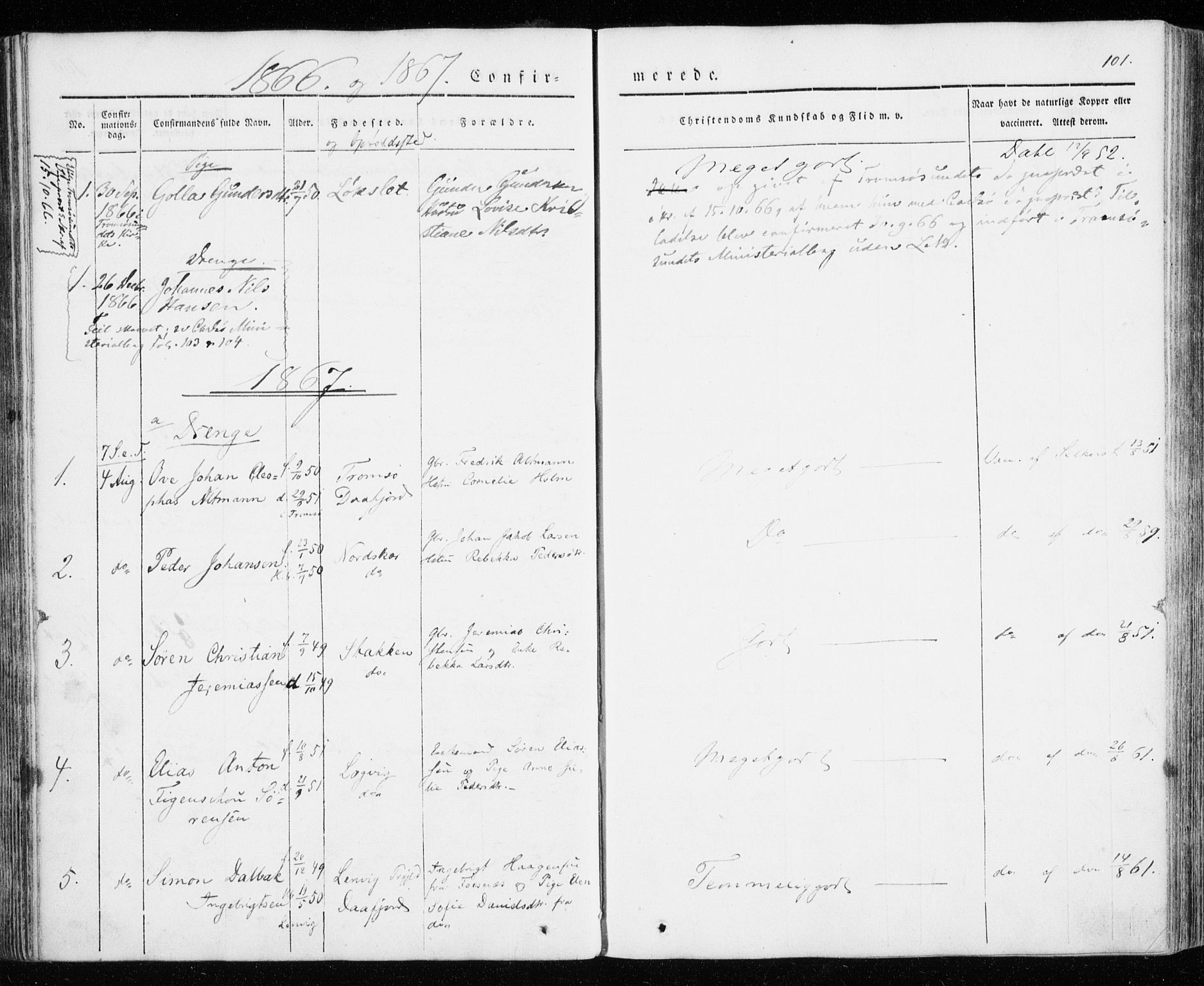Karlsøy sokneprestembete, AV/SATØ-S-1299/H/Ha/Haa/L0009kirke: Parish register (official) no. 9, 1838-1867, p. 101