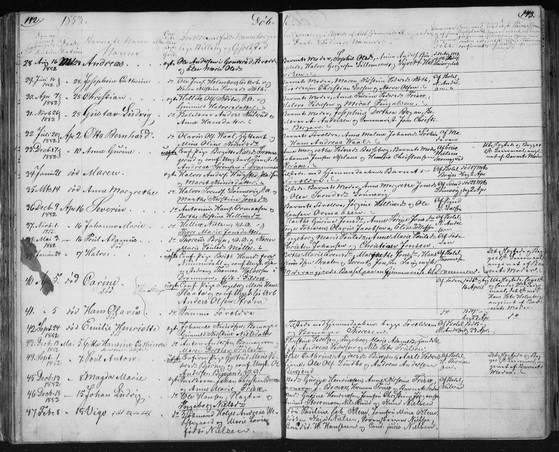 Kongsberg kirkebøker, AV/SAKO-A-22/F/Fa/L0009: Parish register (official) no. I 9, 1839-1858, p. 142-143