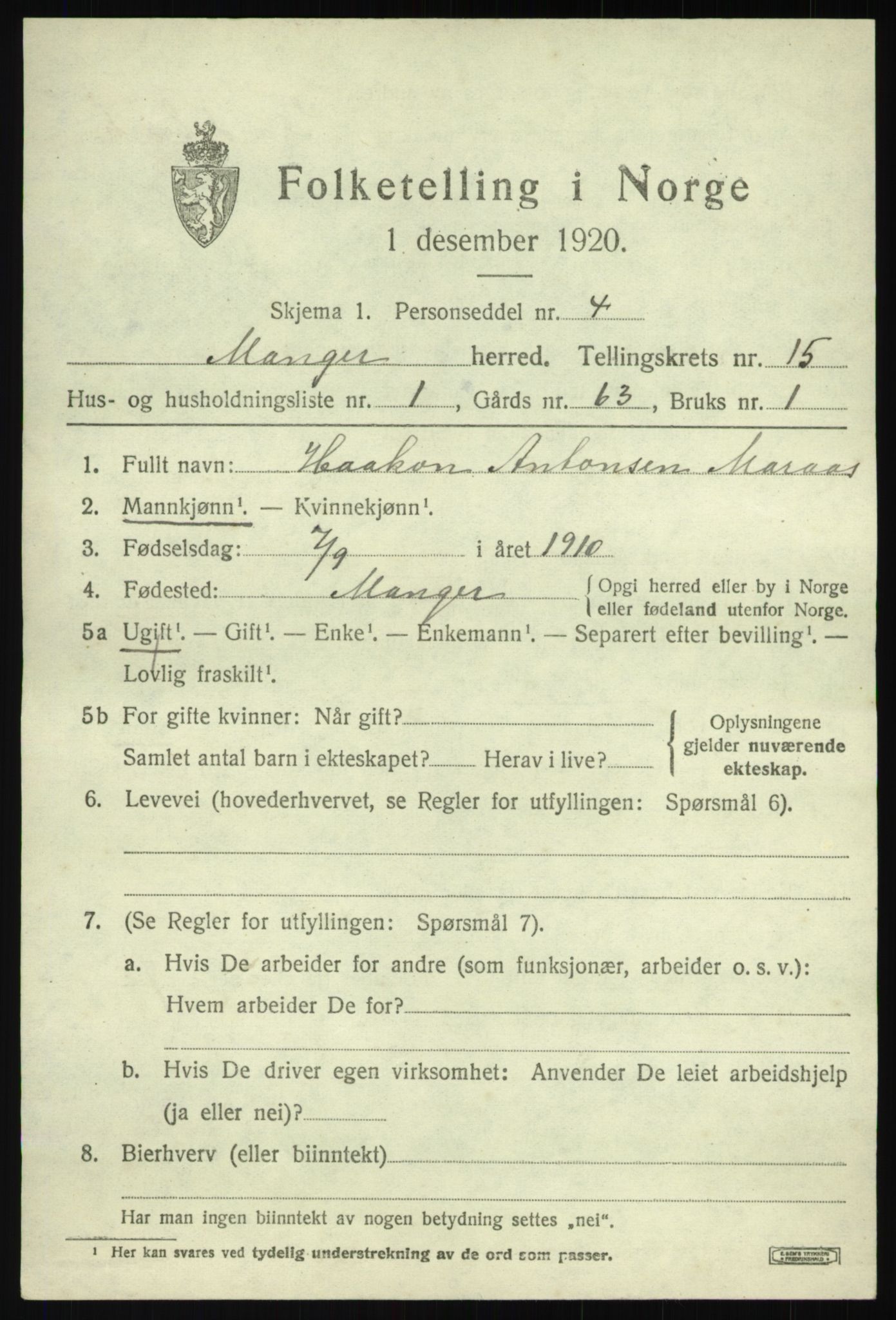 SAB, 1920 census for Manger, 1920, p. 8450