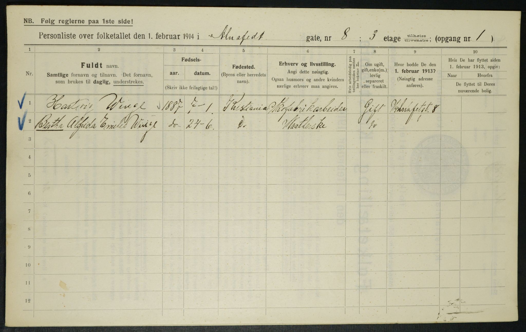 OBA, Municipal Census 1914 for Kristiania, 1914, p. 1167