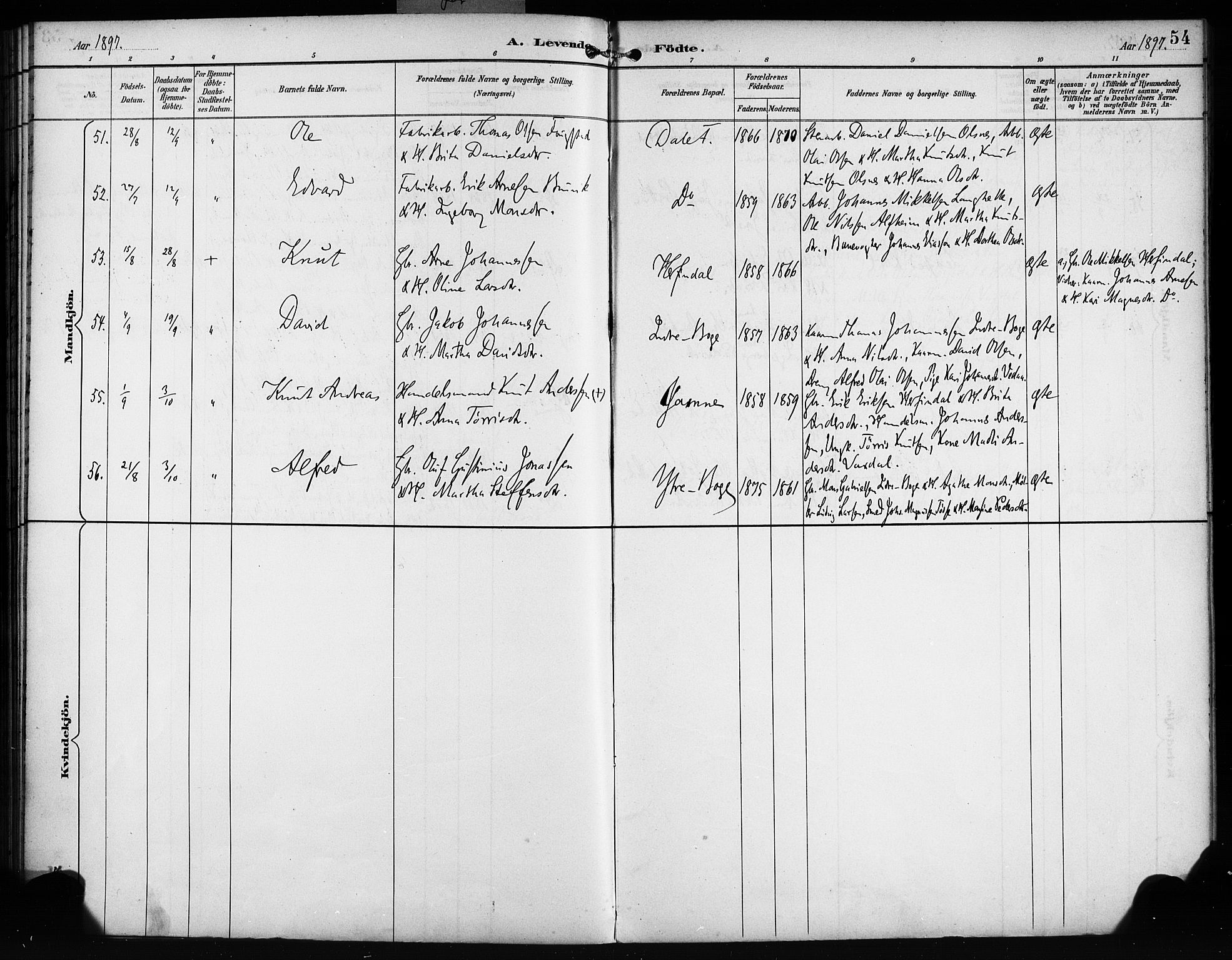Bruvik Sokneprestembete, AV/SAB-A-74701/H/Haa: Parish register (official) no. B 2, 1893-1903, p. 54