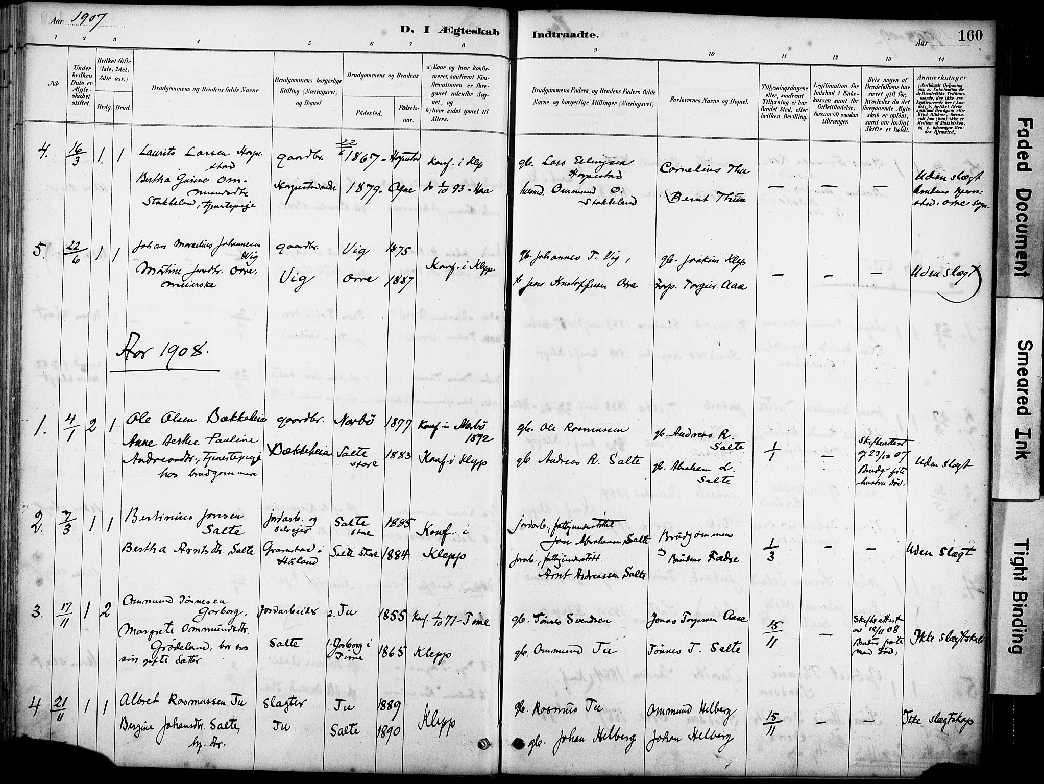 Klepp sokneprestkontor, SAST/A-101803/001/3/30BA/L0007: Parish register (official) no. A 8, 1886-1912, p. 160