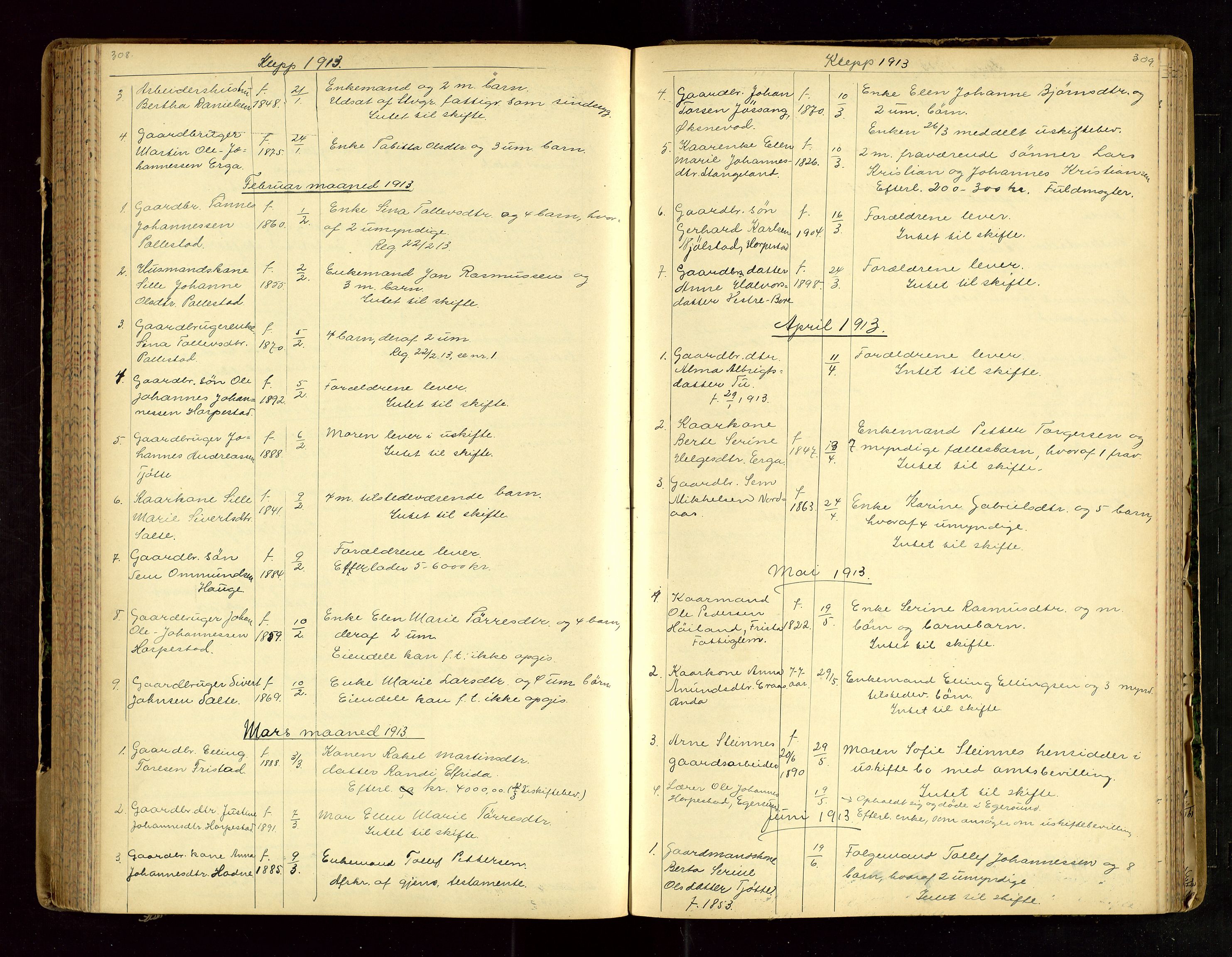 Jæren sorenskriveri, SAST/A-100310/01/5/52/52B/L0003: DØDSFALLPROTOKOLL, 1910-1916, p. 308-309