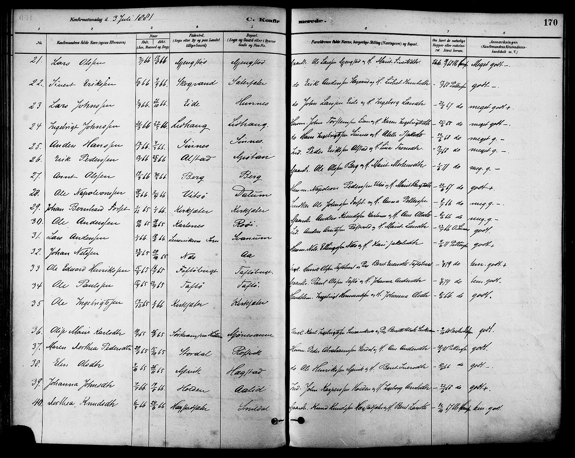 Ministerialprotokoller, klokkerbøker og fødselsregistre - Sør-Trøndelag, AV/SAT-A-1456/630/L0496: Parish register (official) no. 630A09, 1879-1895, p. 170