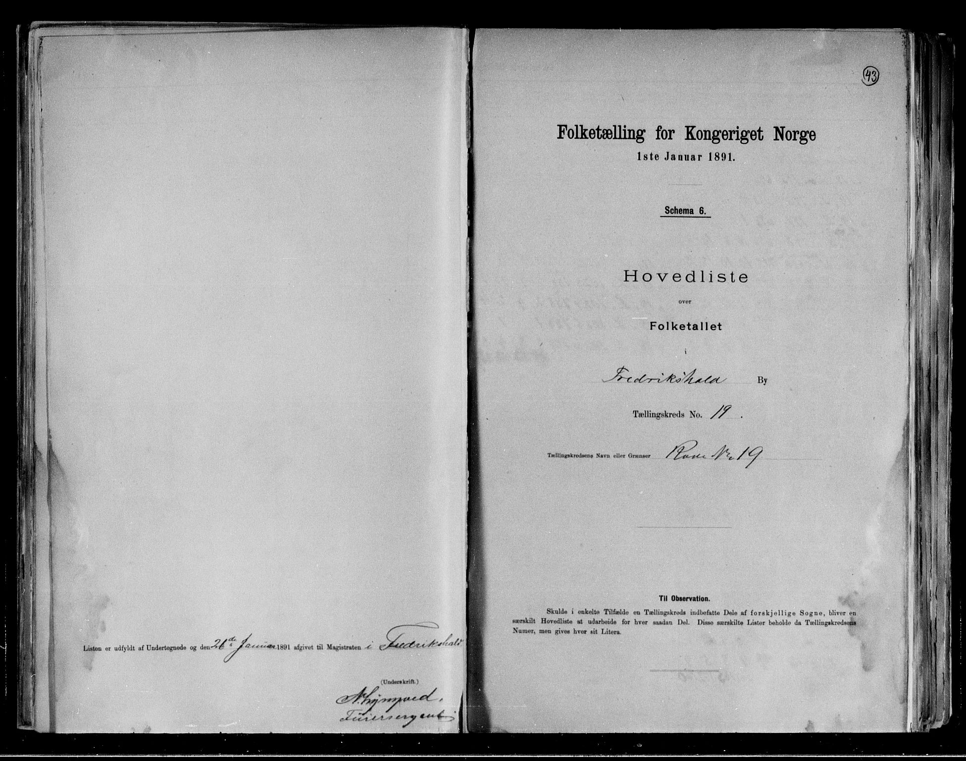 RA, 1891 census for 0101 Fredrikshald, 1891, p. 43
