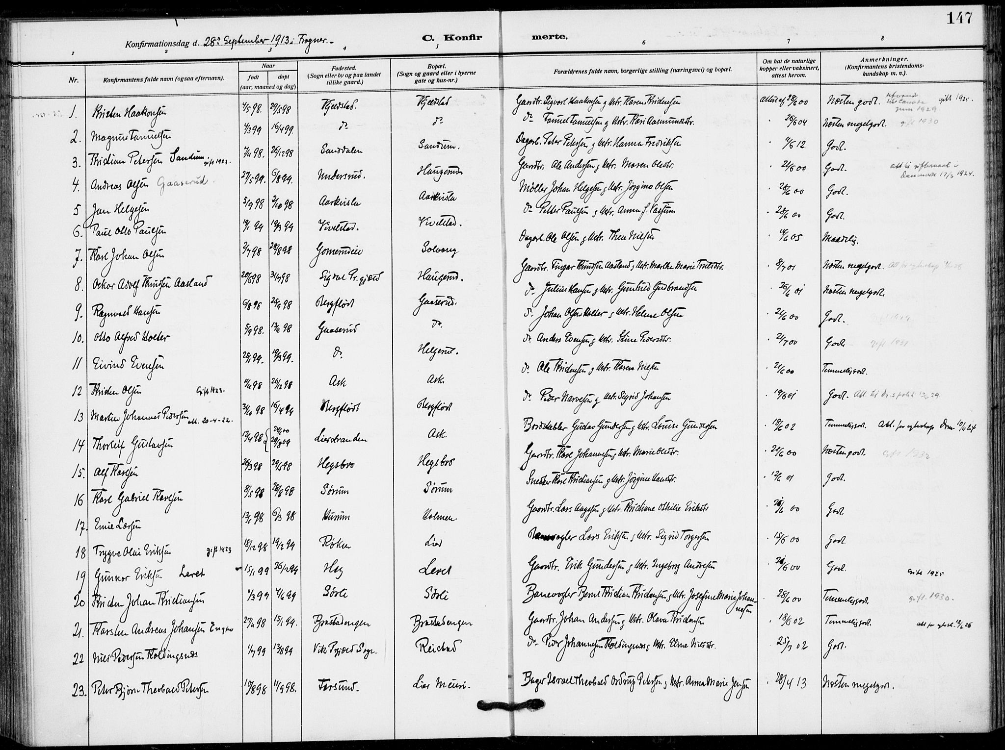 Lier kirkebøker, SAKO/A-230/F/Fa/L0018: Parish register (official) no. I 18, 1909-1917, p. 147
