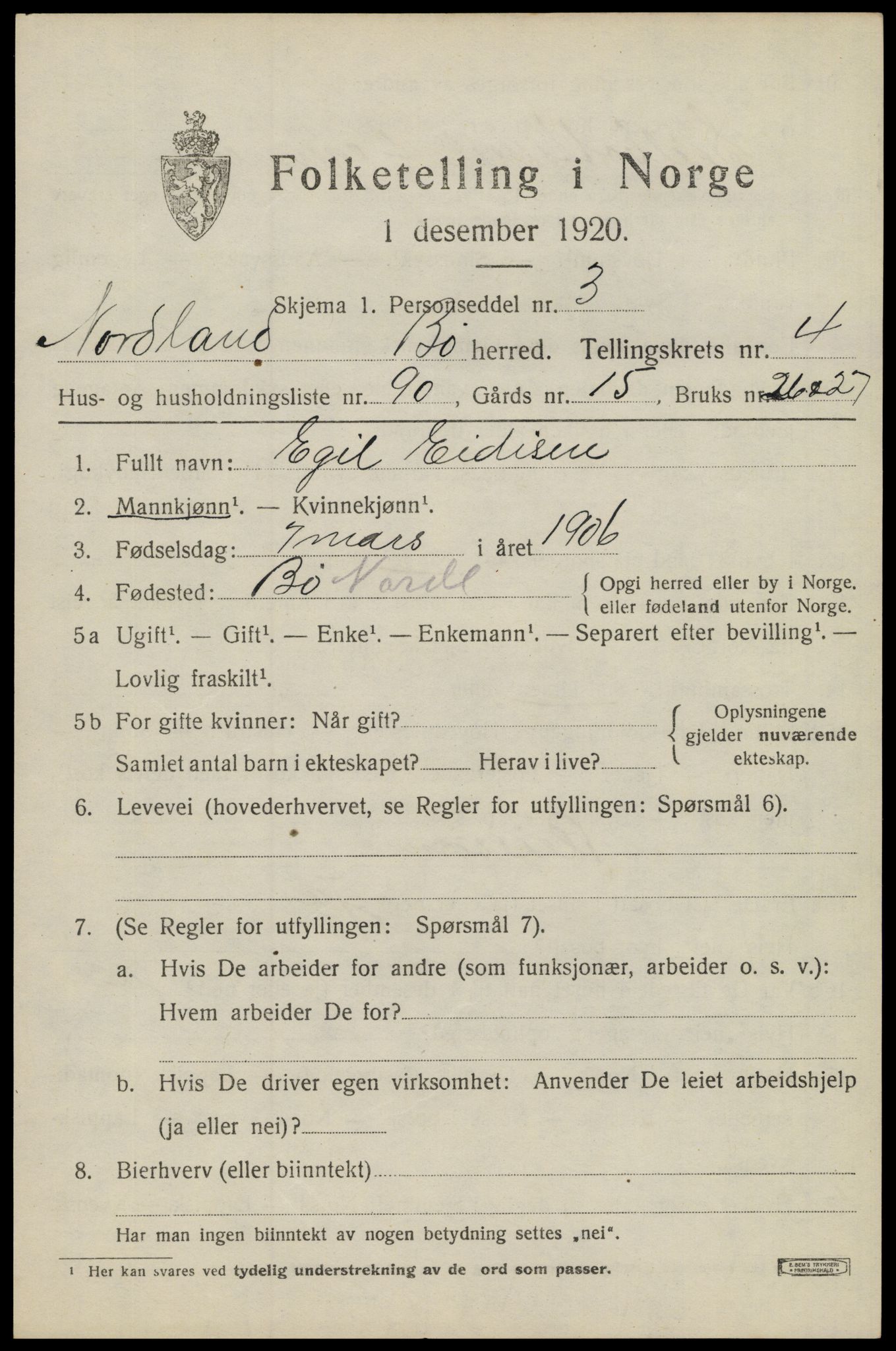 SAT, 1920 census for Bø, 1920, p. 4316