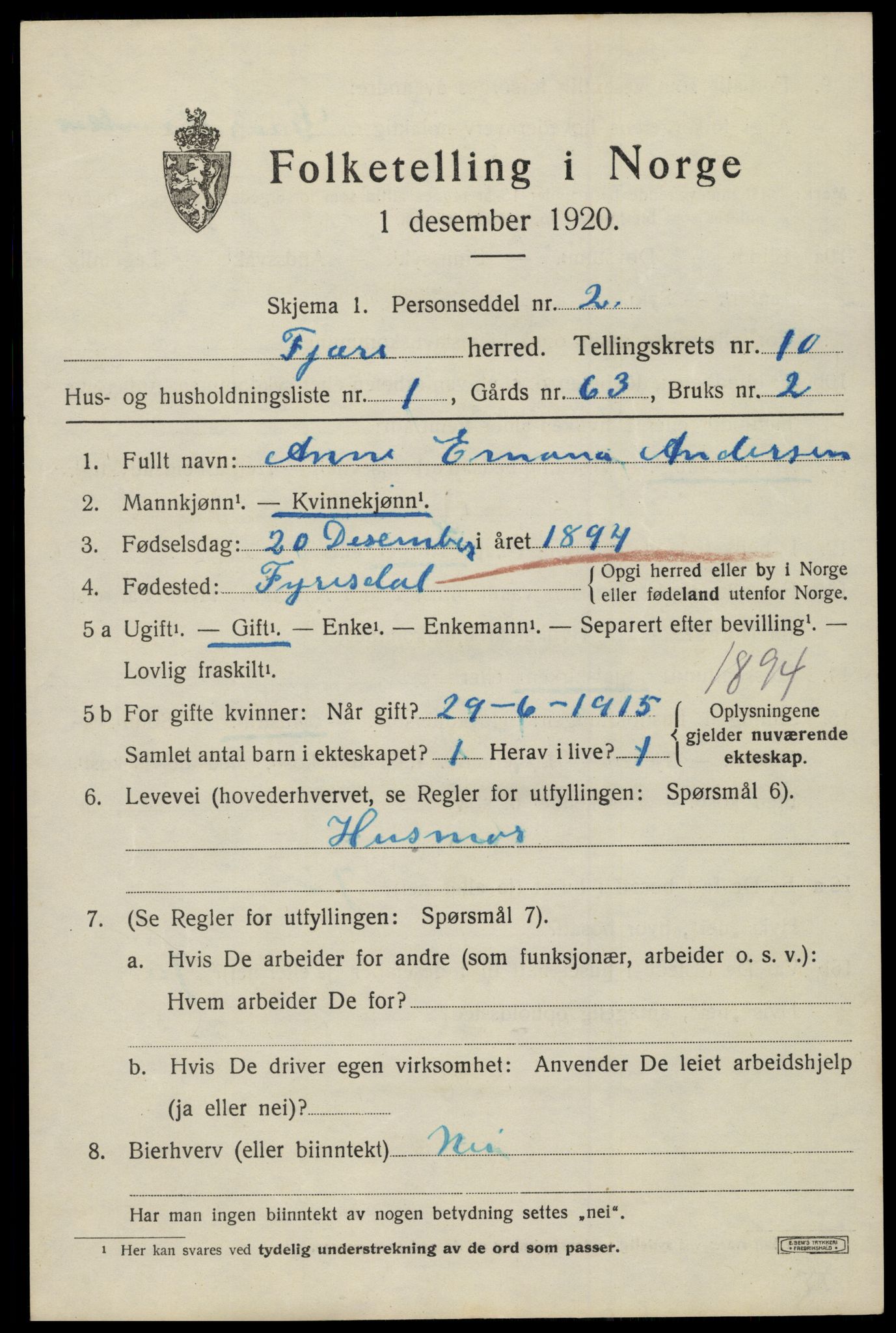 SAK, 1920 census for Fjære, 1920, p. 11393