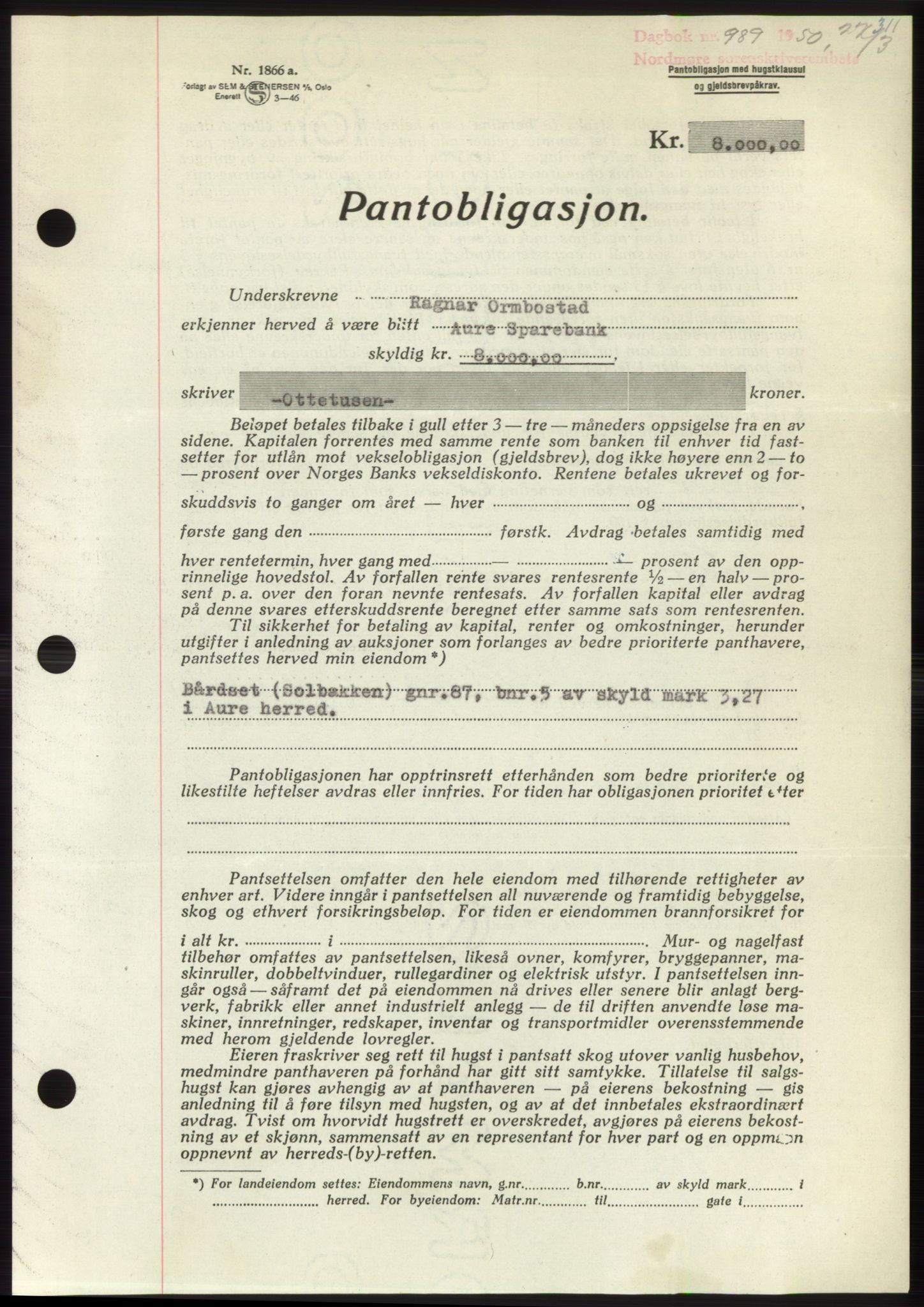 Nordmøre sorenskriveri, AV/SAT-A-4132/1/2/2Ca: Mortgage book no. B104, 1950-1950, Diary no: : 989/1950