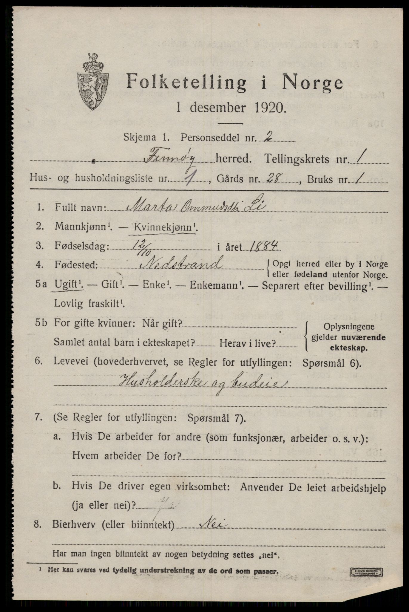 SAST, 1920 census for Finnøy, 1920, p. 668