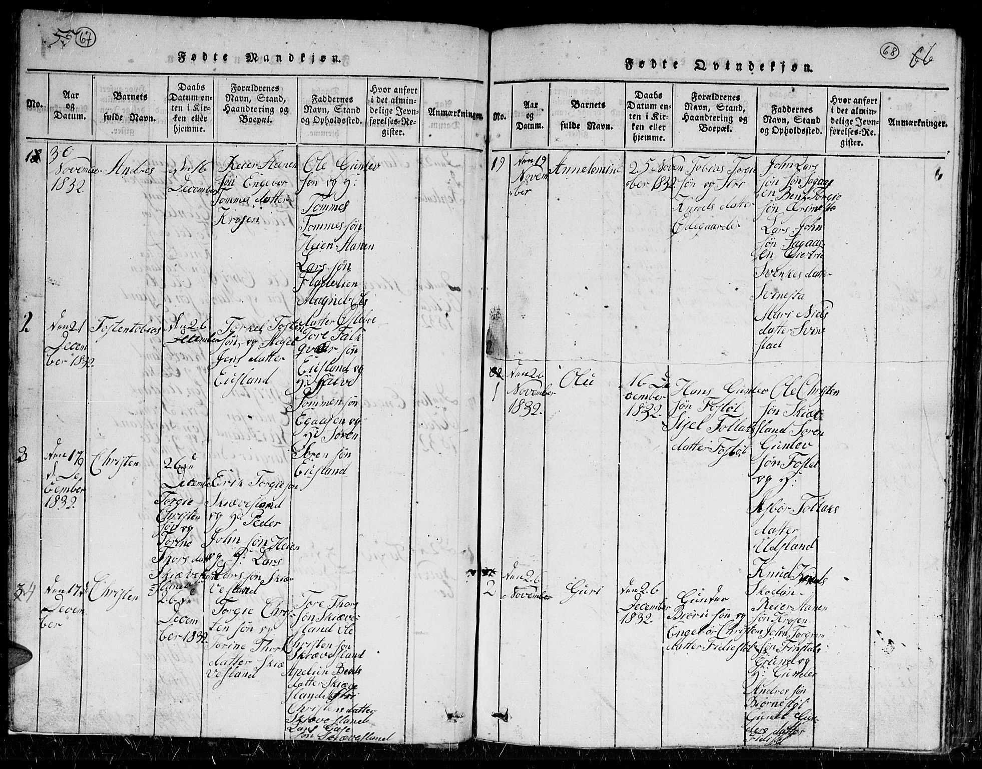 Holum sokneprestkontor, SAK/1111-0022/F/Fb/Fbc/L0001: Parish register (copy) no. B 1, 1820-1859, p. 67-68