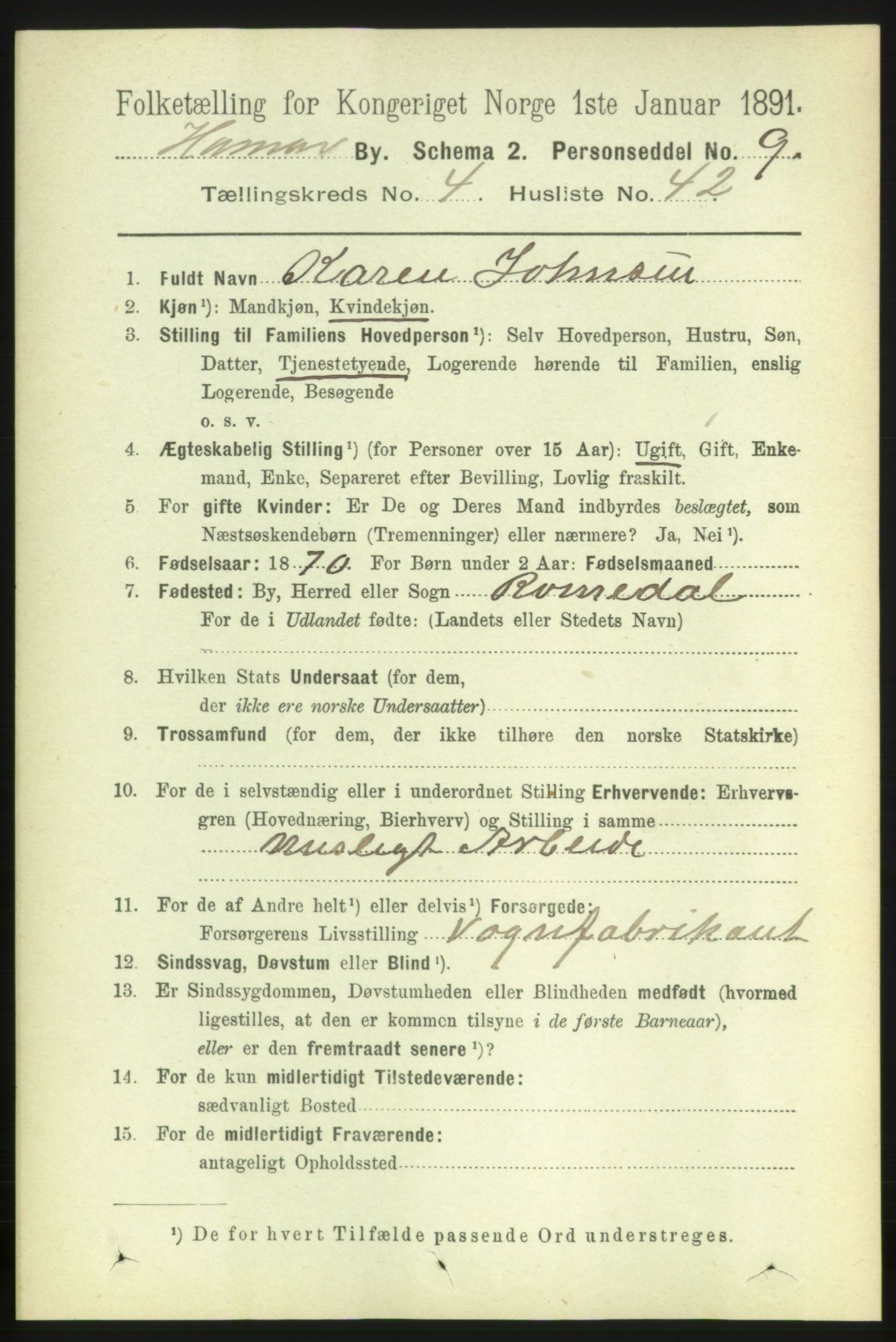 RA, 1891 census for 0401 Hamar, 1891, p. 3601