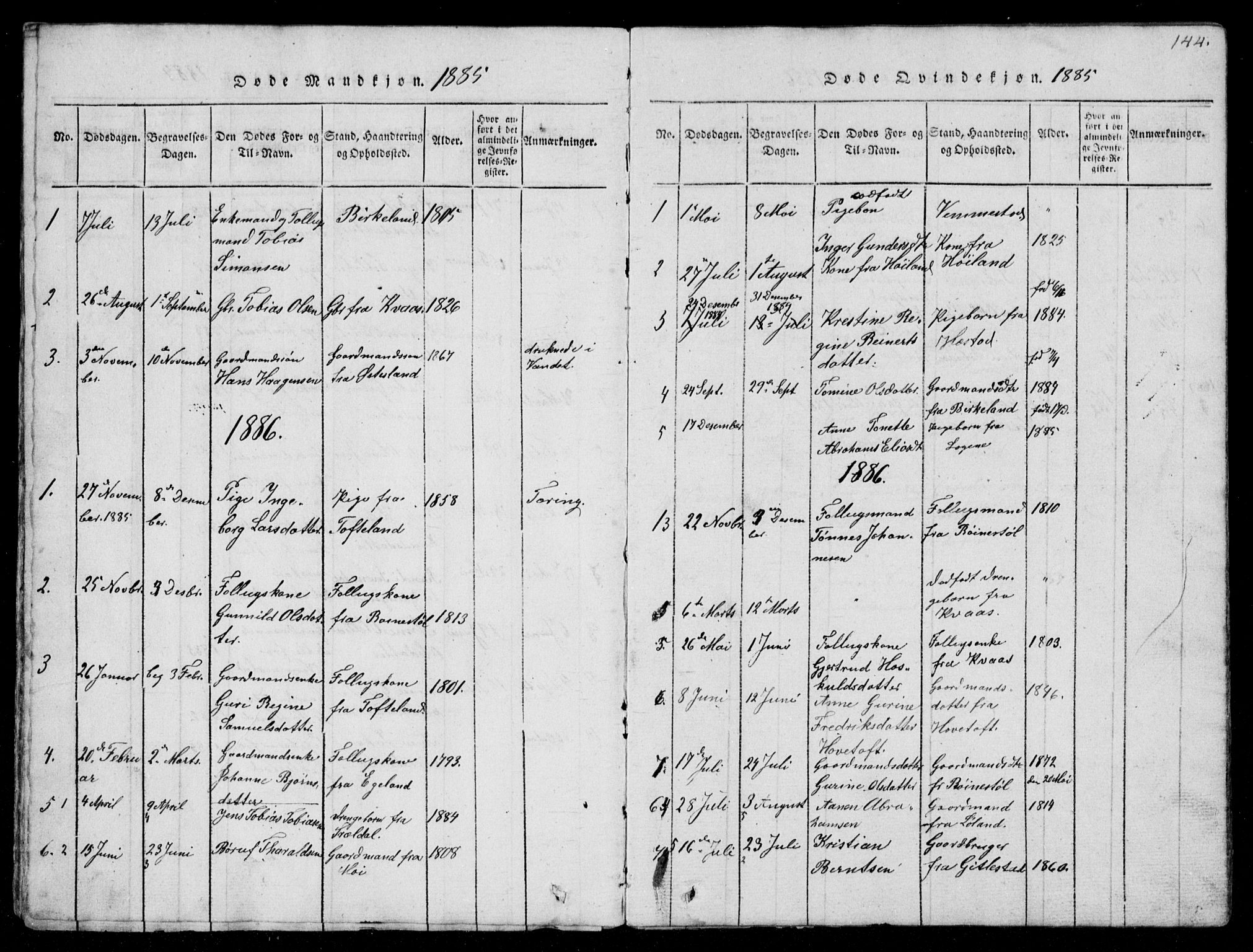 Lyngdal sokneprestkontor, AV/SAK-1111-0029/F/Fb/Fbb/L0001: Parish register (copy) no. B 1, 1816-1900, p. 144