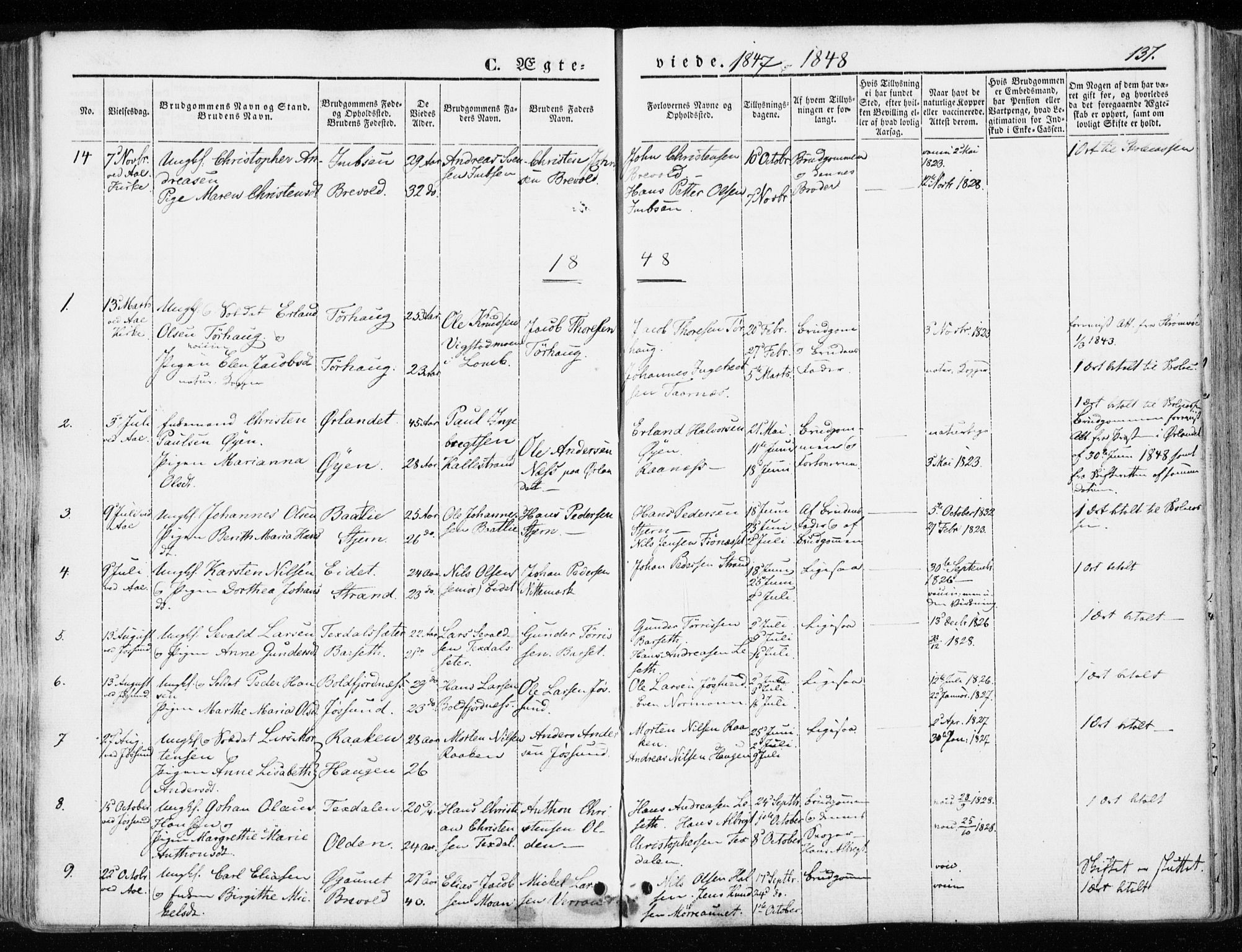 Ministerialprotokoller, klokkerbøker og fødselsregistre - Sør-Trøndelag, SAT/A-1456/655/L0677: Parish register (official) no. 655A06, 1847-1860, p. 137