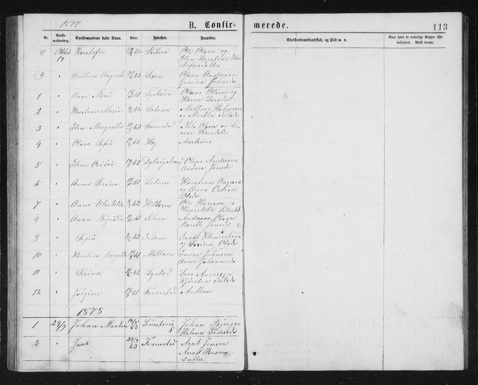 Ministerialprotokoller, klokkerbøker og fødselsregistre - Sør-Trøndelag, AV/SAT-A-1456/662/L0756: Parish register (copy) no. 662C01, 1869-1891, p. 113