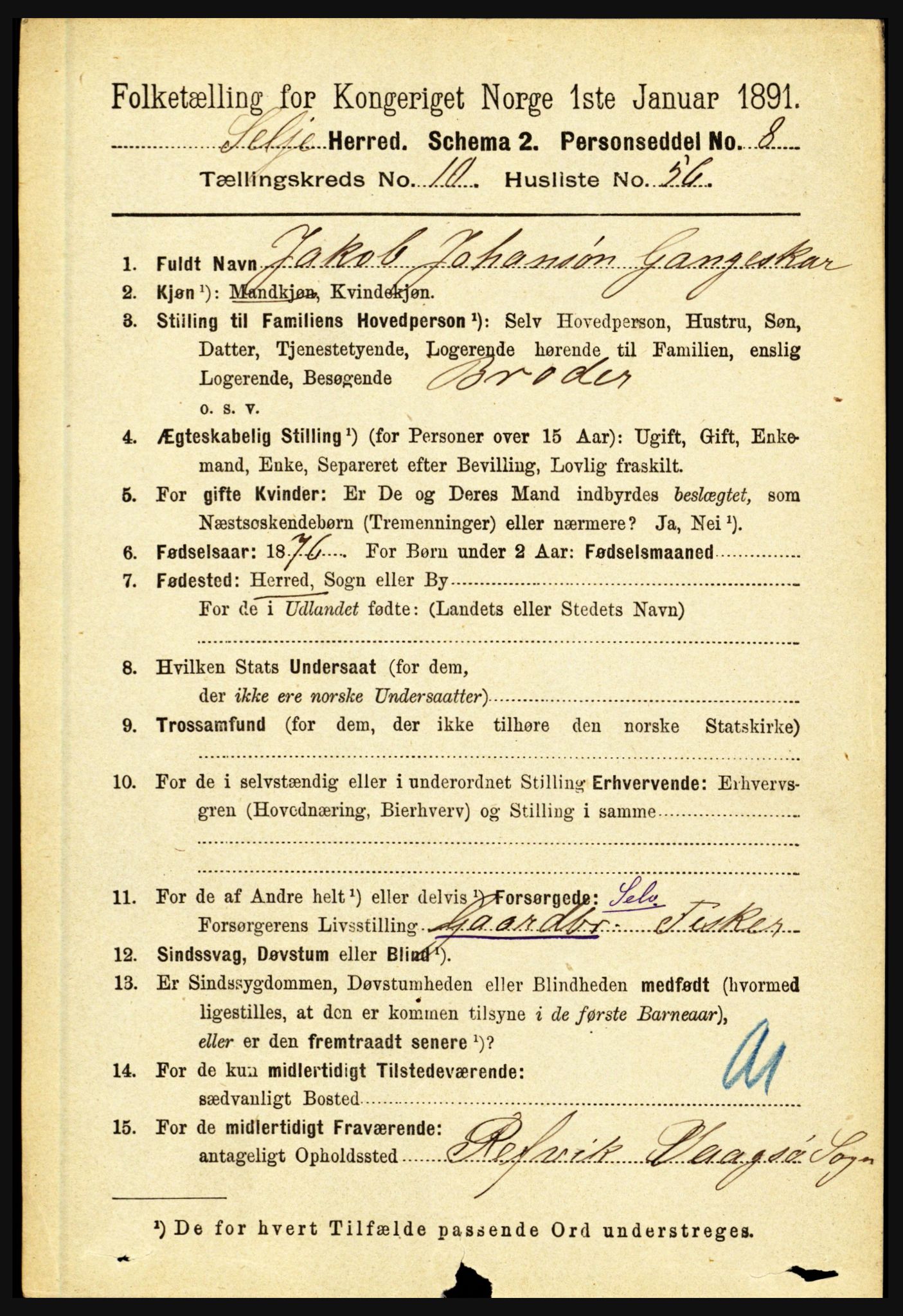 RA, 1891 census for 1441 Selje, 1891, p. 3370