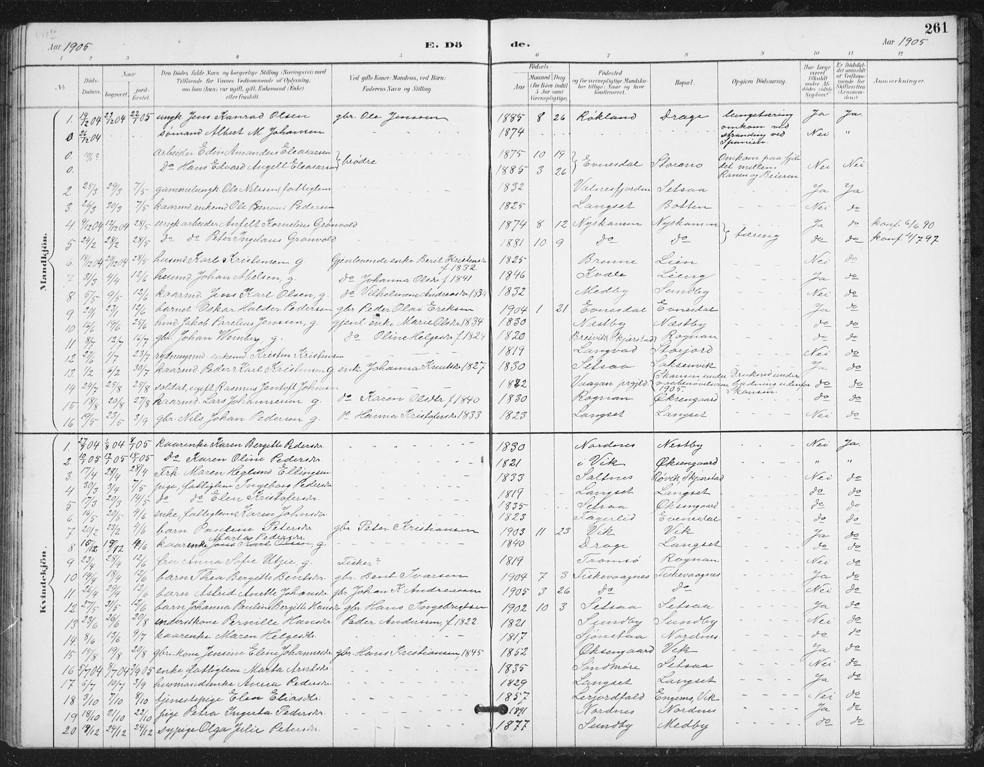 Ministerialprotokoller, klokkerbøker og fødselsregistre - Nordland, AV/SAT-A-1459/847/L0682: Parish register (copy) no. 847C10, 1889-1907, p. 261