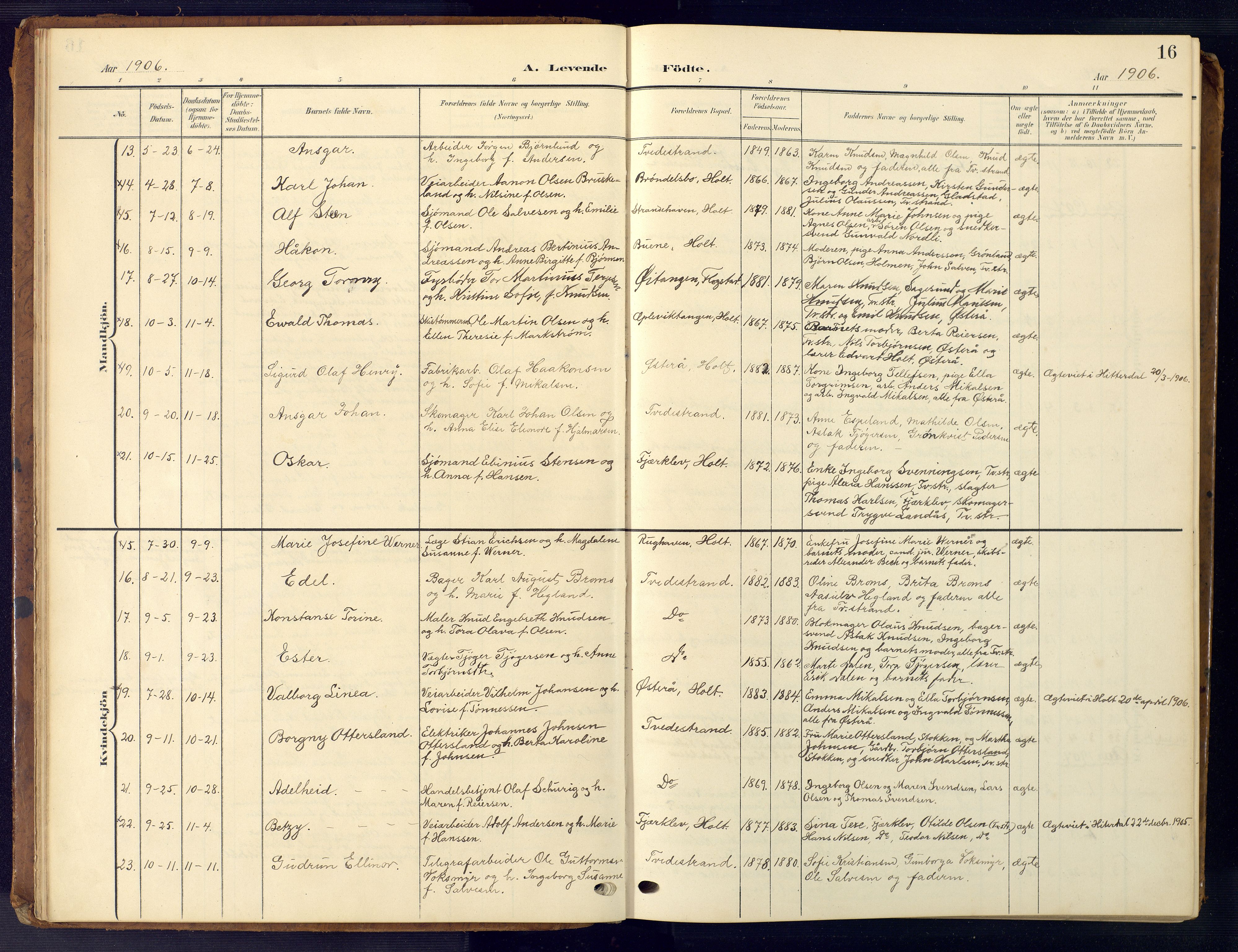 Tvedestrand sokneprestkontor, AV/SAK-1111-0042/F/Fb/L0001: Parish register (copy) no. B 1, 1902-1956, p. 16