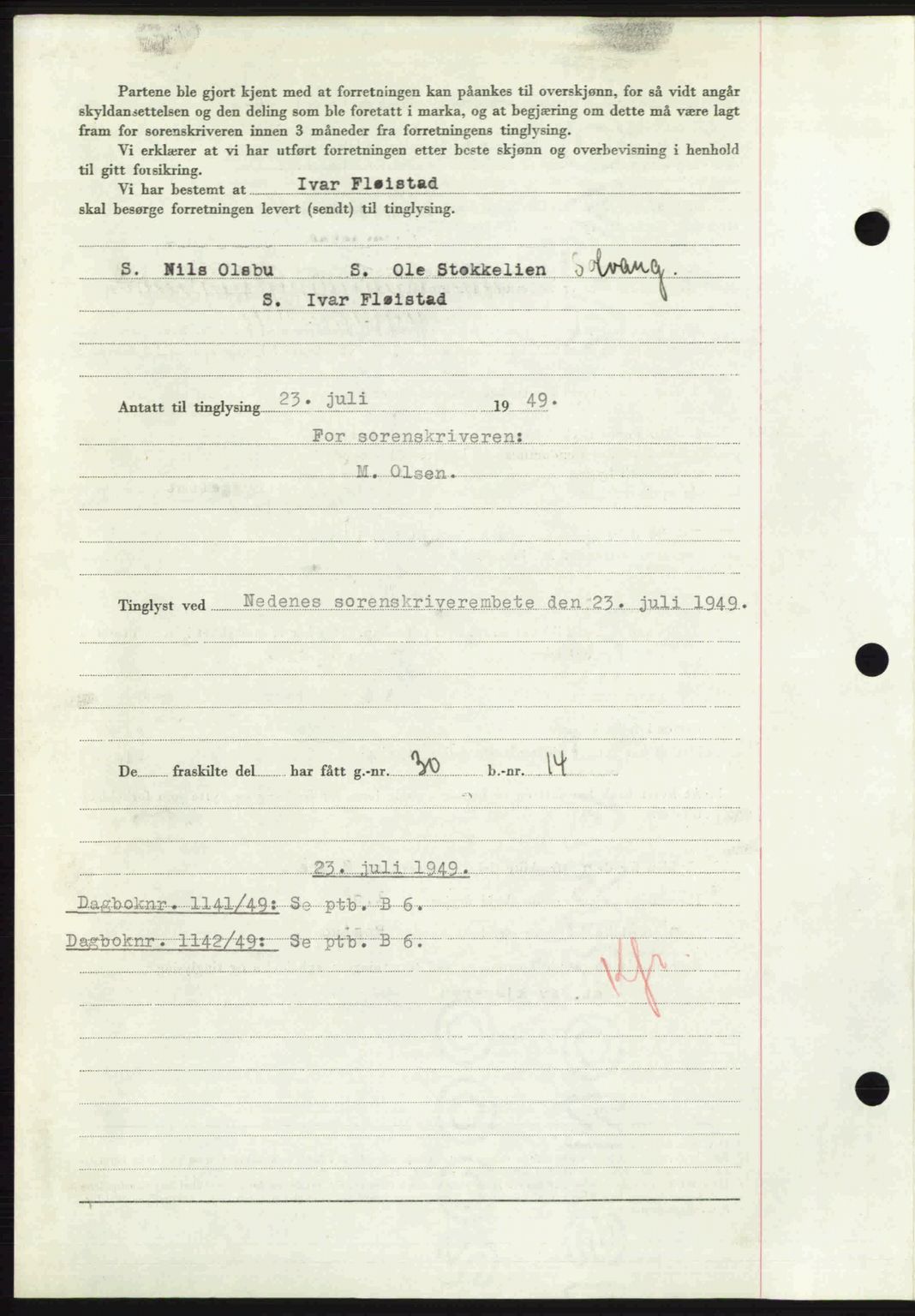 Nedenes sorenskriveri, AV/SAK-1221-0006/G/Gb/Gba/L0061: Mortgage book no. A13, 1949-1949, Diary no: : 1140/1949