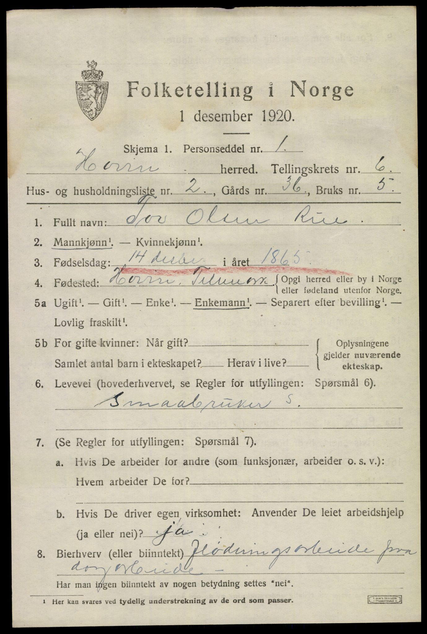 SAKO, 1920 census for Hovin, 1920, p. 1451