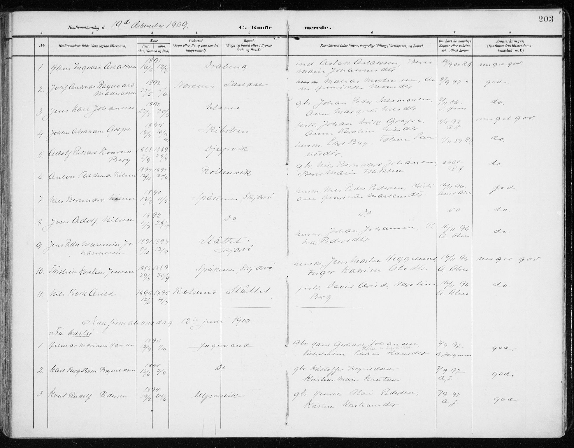 Lyngen sokneprestembete, AV/SATØ-S-1289/H/He/Hea/L0011kirke: Parish register (official) no. 11, 1903-1913, p. 203