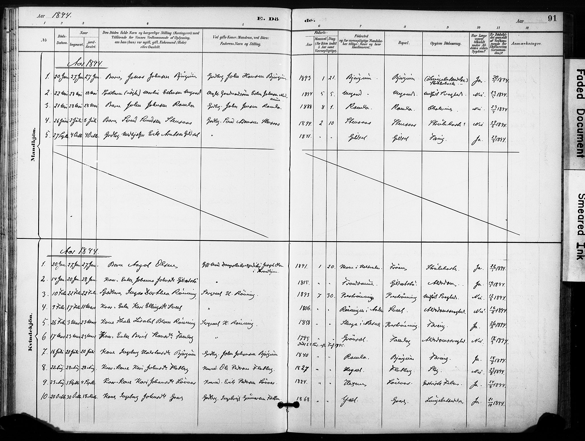 Ministerialprotokoller, klokkerbøker og fødselsregistre - Sør-Trøndelag, AV/SAT-A-1456/685/L0973: Parish register (official) no. 685A10, 1891-1907, p. 91