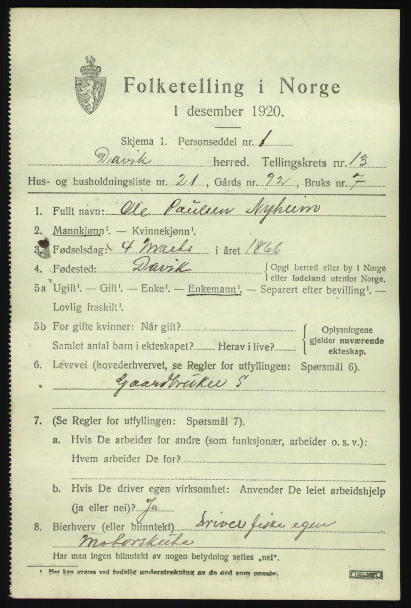 SAB, 1920 census for Davik, 1920, p. 6357