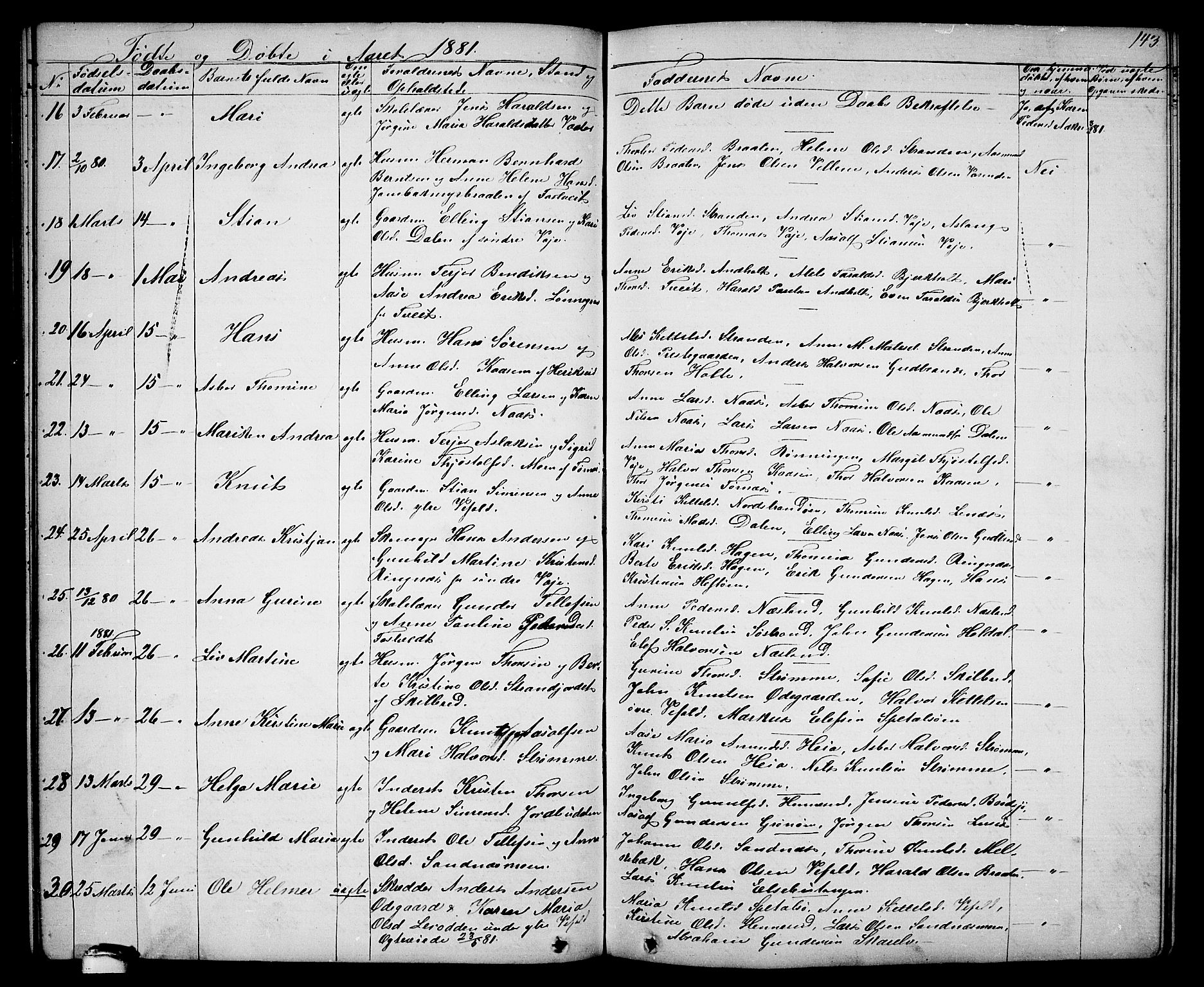 Drangedal kirkebøker, SAKO/A-258/G/Ga/L0002: Parish register (copy) no. I 2, 1856-1887, p. 143