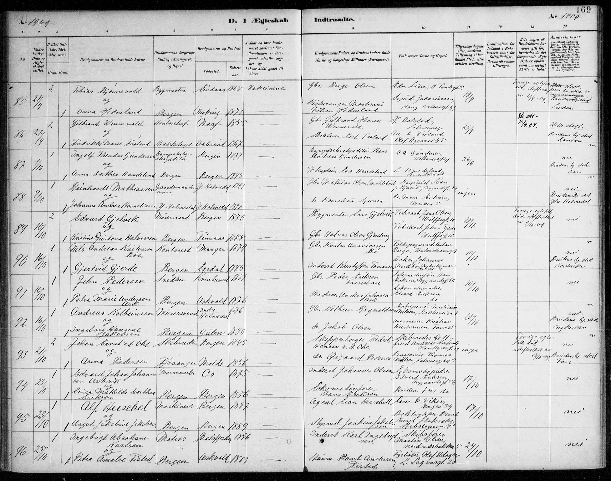 Johanneskirken sokneprestembete, SAB/A-76001/H/Haa/L0012: Parish register (official) no. D 1, 1885-1912, p. 169