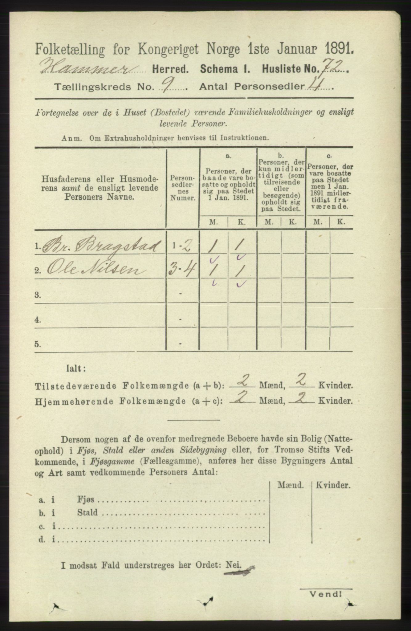 RA, 1891 census for 1254 Hamre, 1891, p. 2291