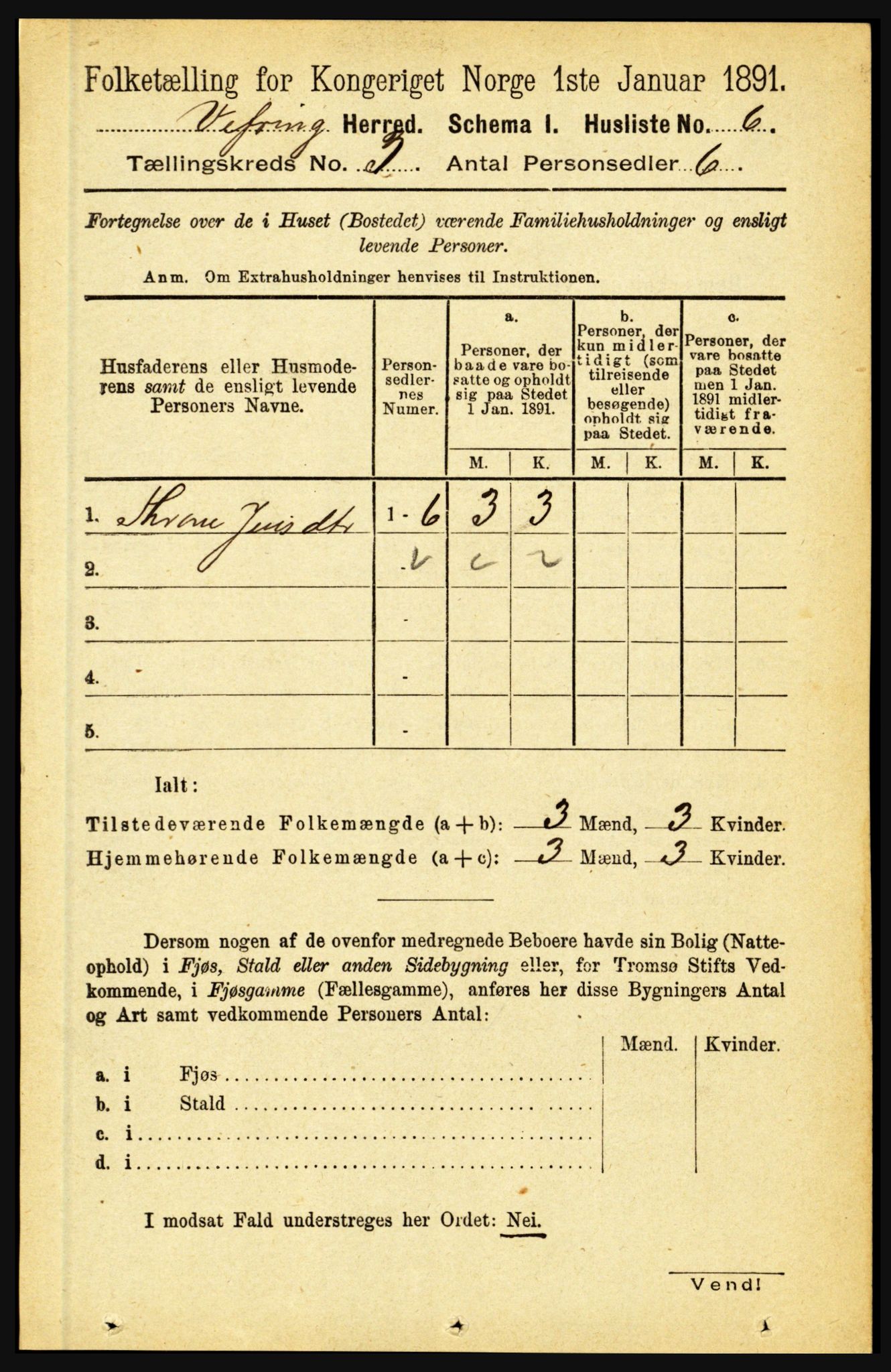 RA, 1891 census for 1434 Vevring, 1891, p. 729