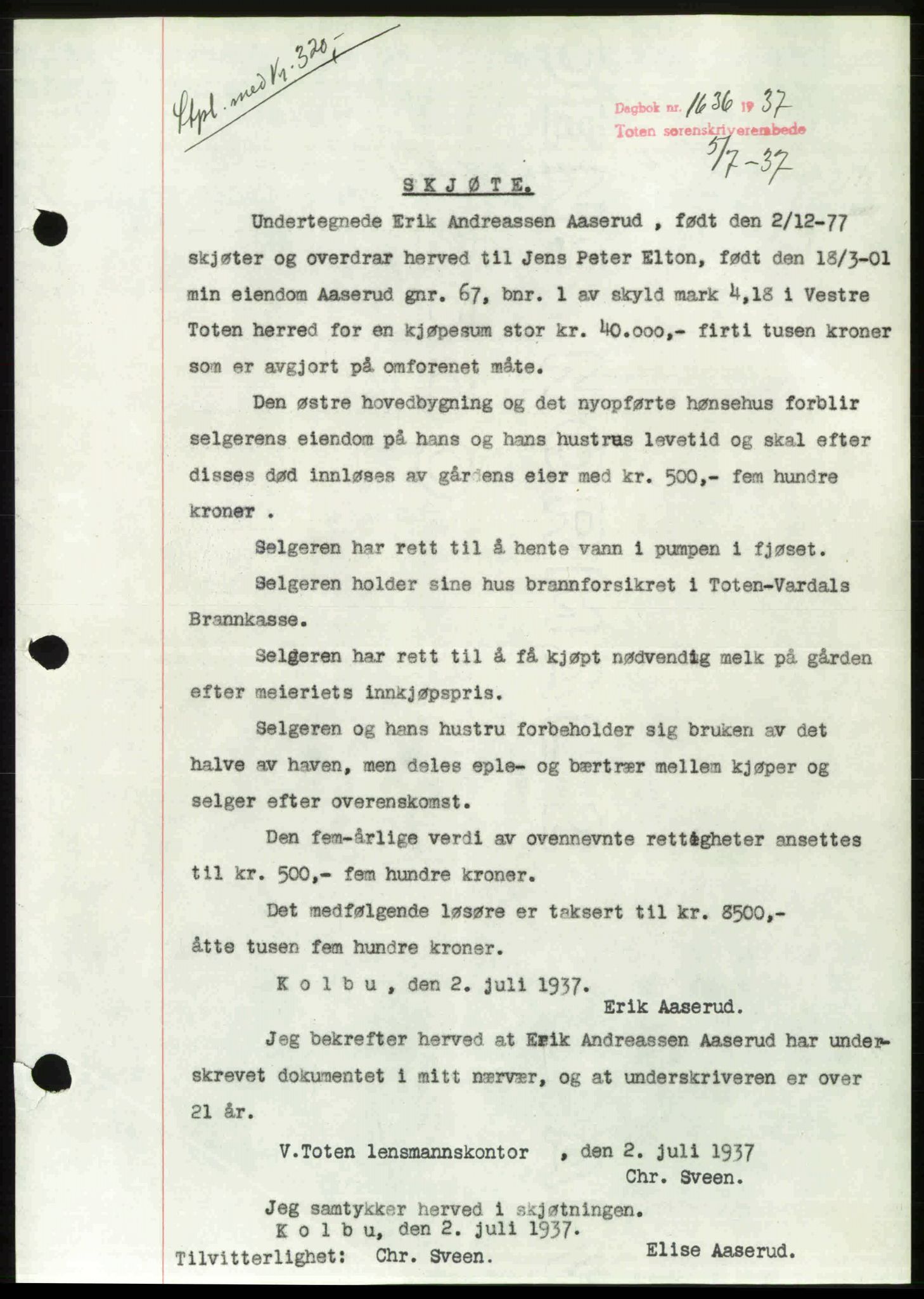 Toten tingrett, SAH/TING-006/H/Hb/Hbc/L0003: Mortgage book no. Hbc-03, 1937-1938, Diary no: : 1636/1937