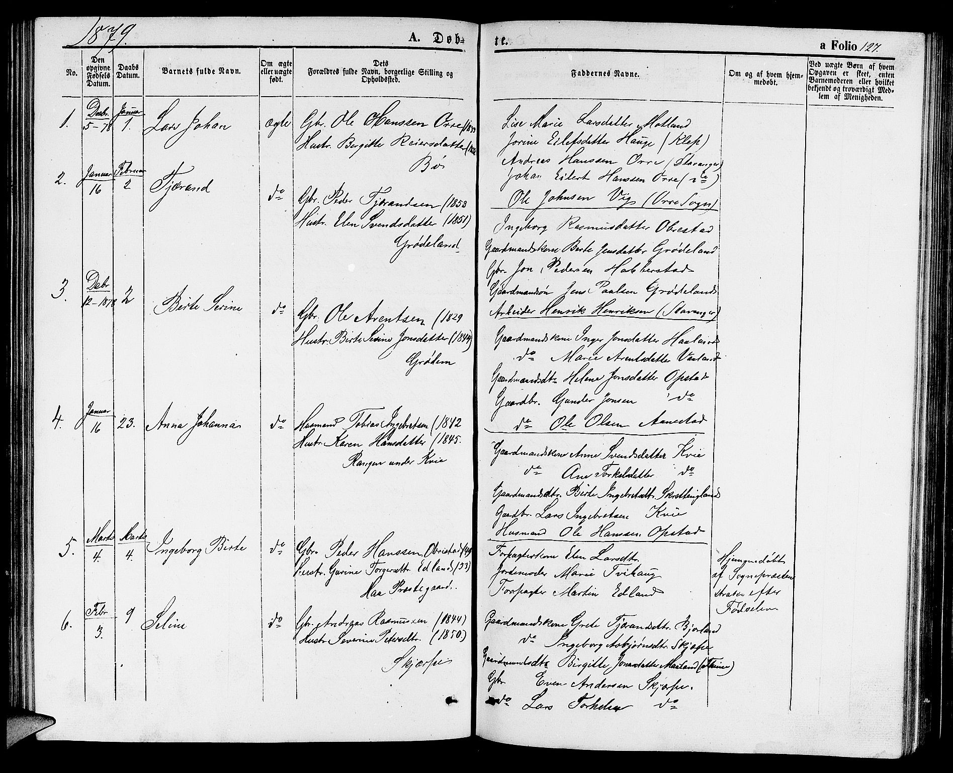 Hå sokneprestkontor, AV/SAST-A-101801/001/30BB/L0001: Parish register (copy) no. B 1, 1854-1883, p. 127