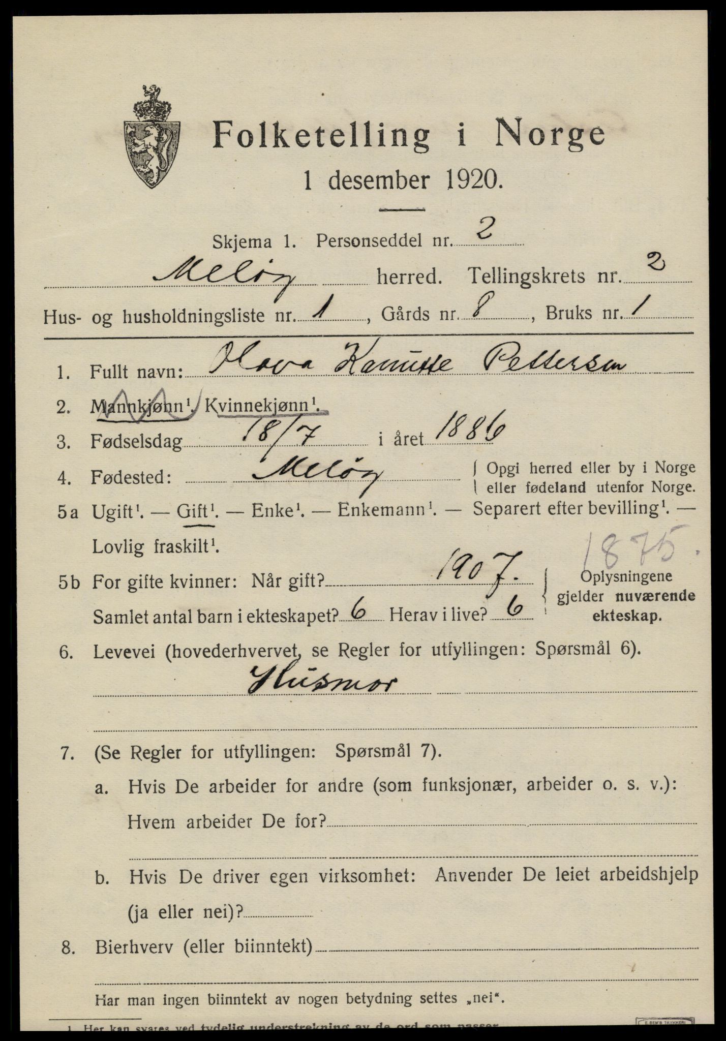 SAT, 1920 census for Meløy, 1920, p. 2129