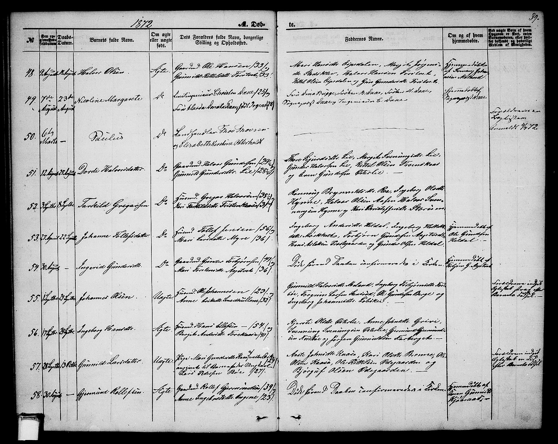 Bø kirkebøker, AV/SAKO-A-257/G/Ga/L0003: Parish register (copy) no. 3, 1866-1875, p. 39