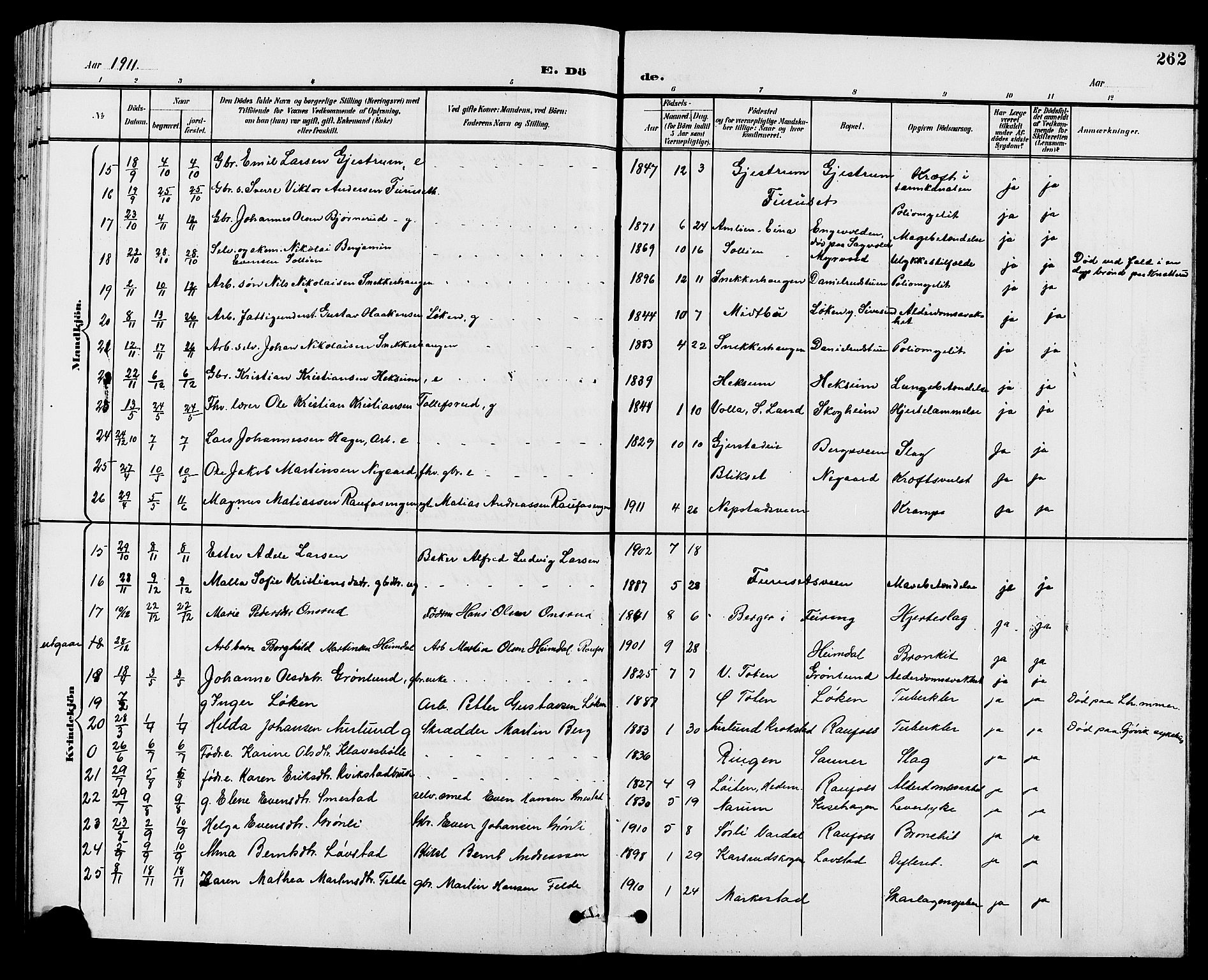 Vestre Toten prestekontor, AV/SAH-PREST-108/H/Ha/Hab/L0010: Parish register (copy) no. 10, 1900-1912, p. 262