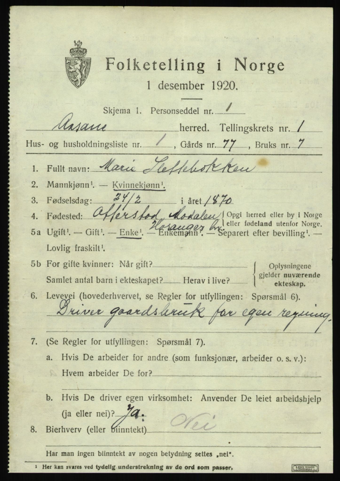 SAB, 1920 census for Åsane, 1920, p. 771