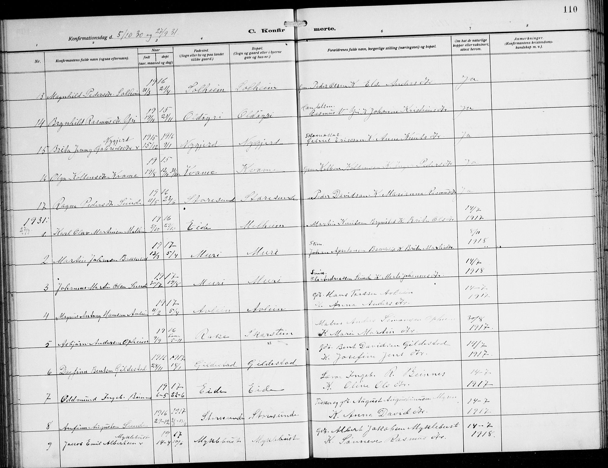 Innvik sokneprestembete, AV/SAB-A-80501: Parish register (copy) no. B 5, 1915-1943, p. 110