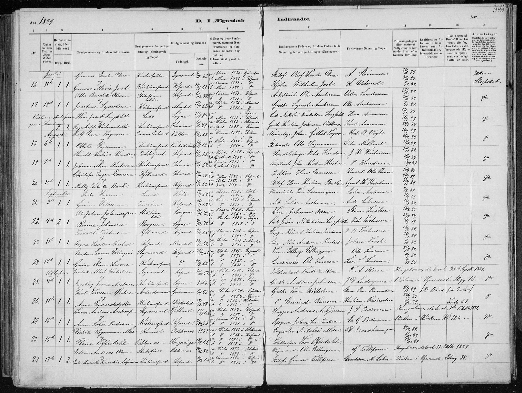 Kristiansand domprosti, SAK/1112-0006/F/Fb/L0014: Parish register (copy) no. B 14, 1881-1896, p. 343