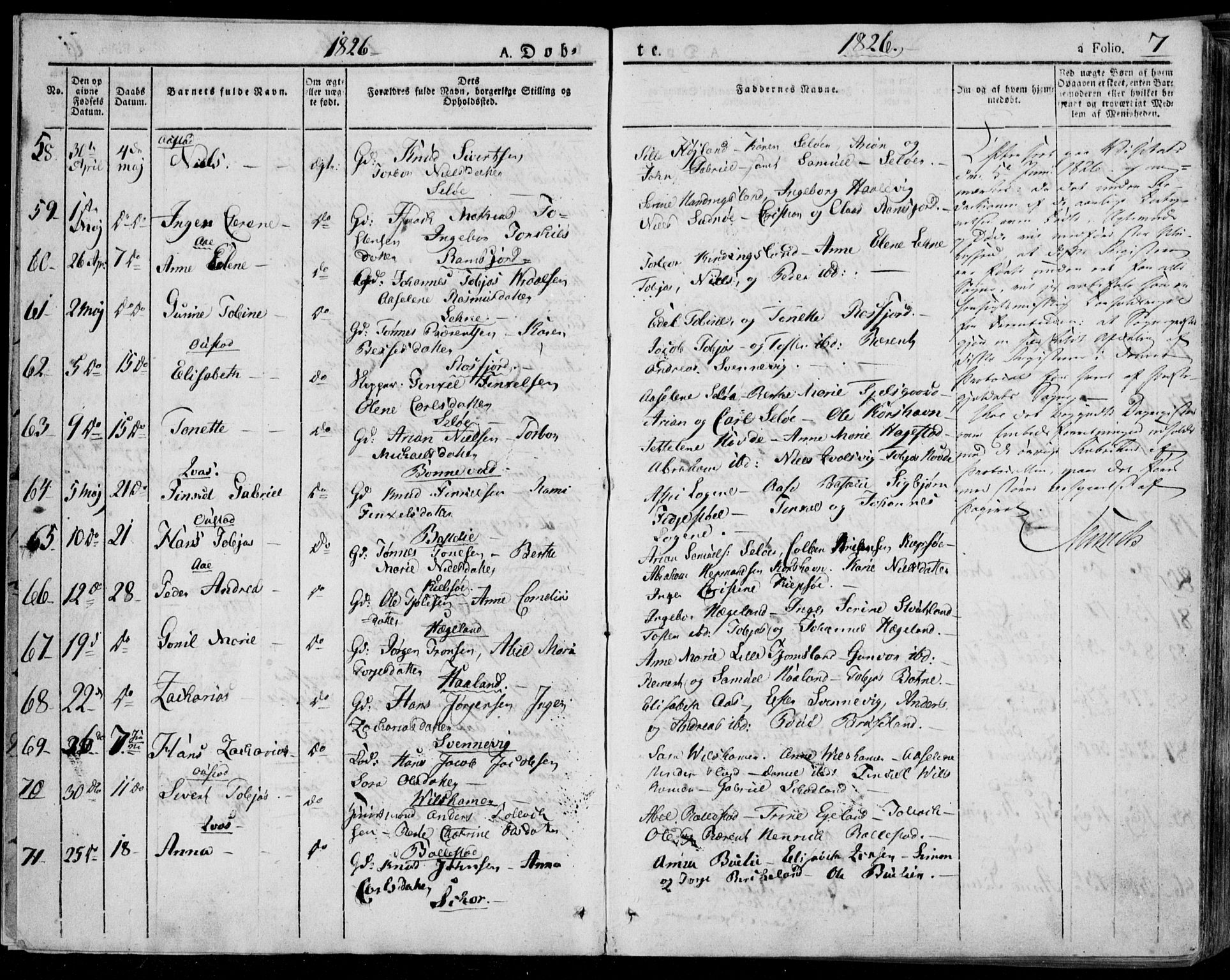 Lyngdal sokneprestkontor, AV/SAK-1111-0029/F/Fa/Fac/L0007: Parish register (official) no. A 7, 1825-1838, p. 7