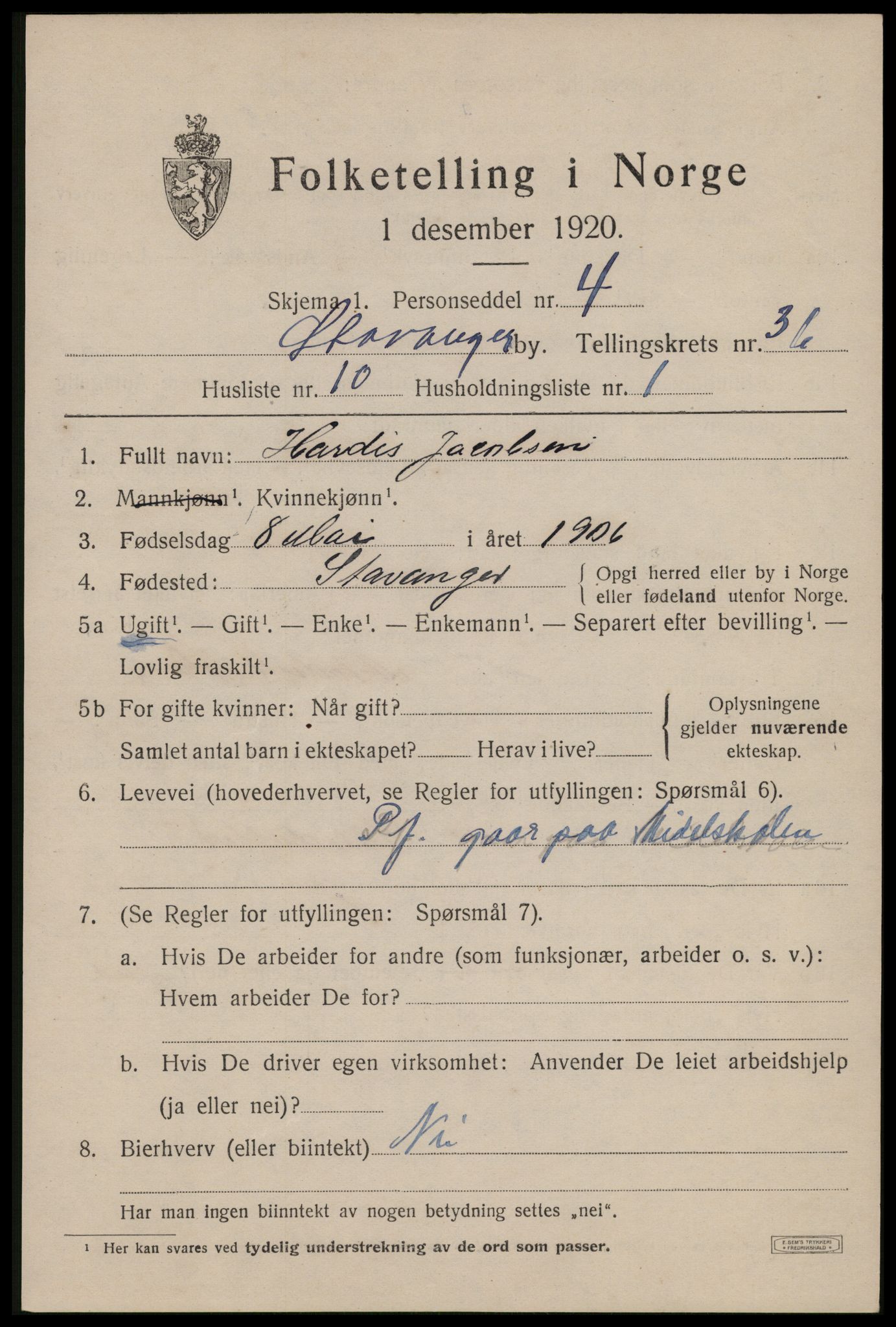 SAST, 1920 census for Stavanger, 1920, p. 95812