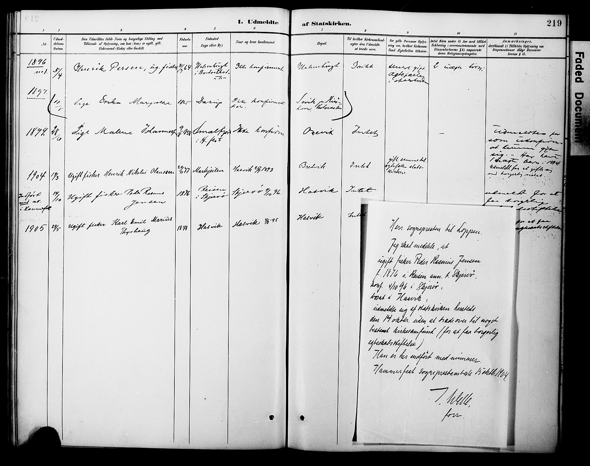 Loppa sokneprestkontor, SATØ/S-1339/H/Ha/L0008kirke: Parish register (official) no. 8, 1889-1907, p. 219
