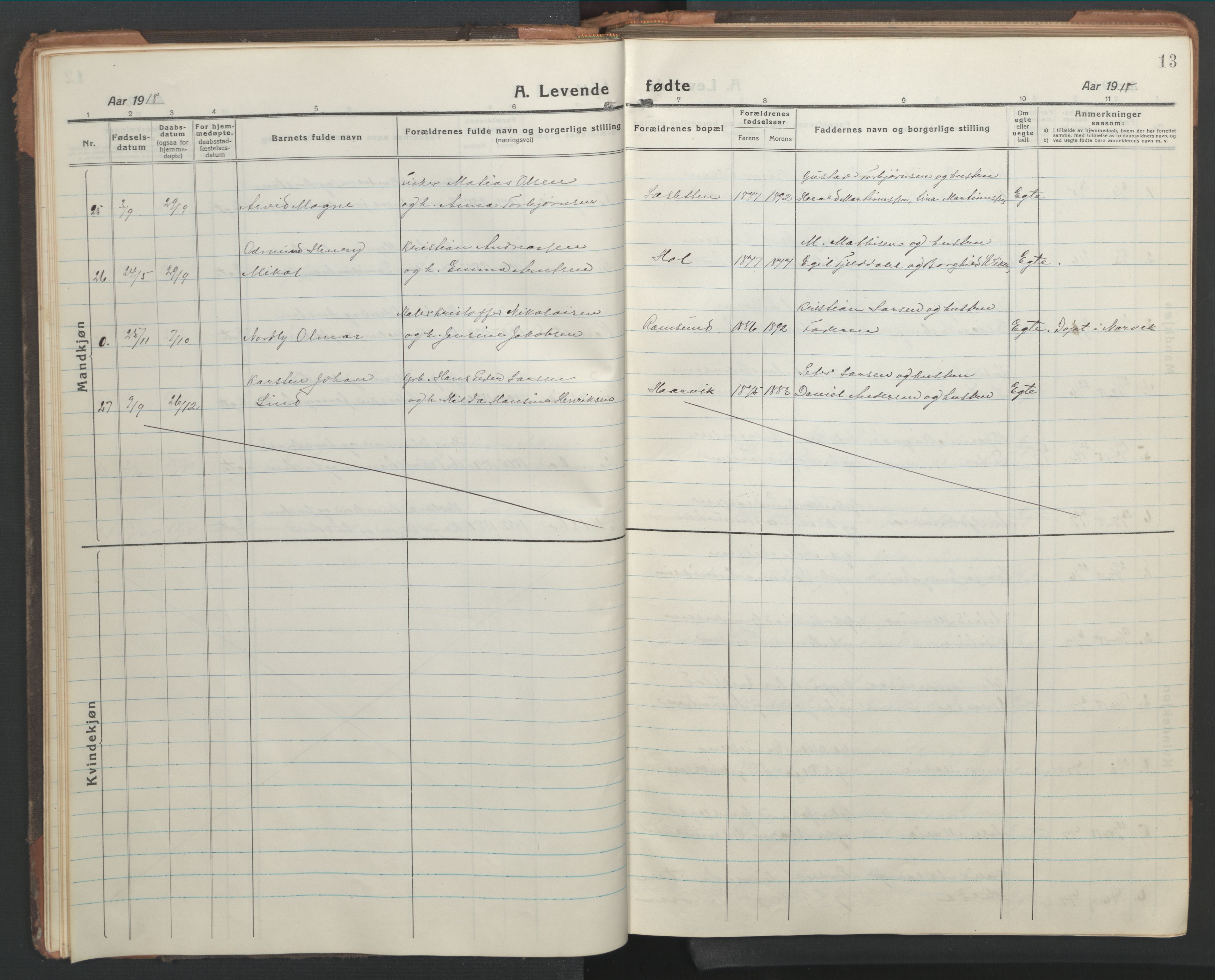 Ministerialprotokoller, klokkerbøker og fødselsregistre - Nordland, AV/SAT-A-1459/865/L0933: Parish register (copy) no. 865C05, 1917-1947, p. 13