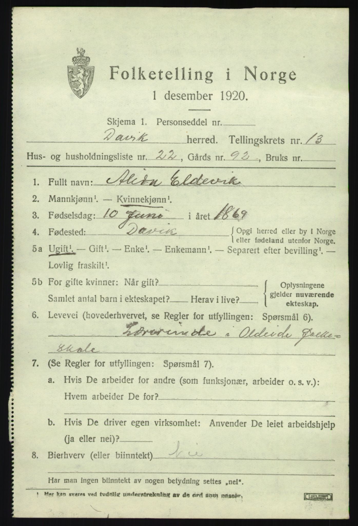 SAB, 1920 census for Davik, 1920, p. 6369